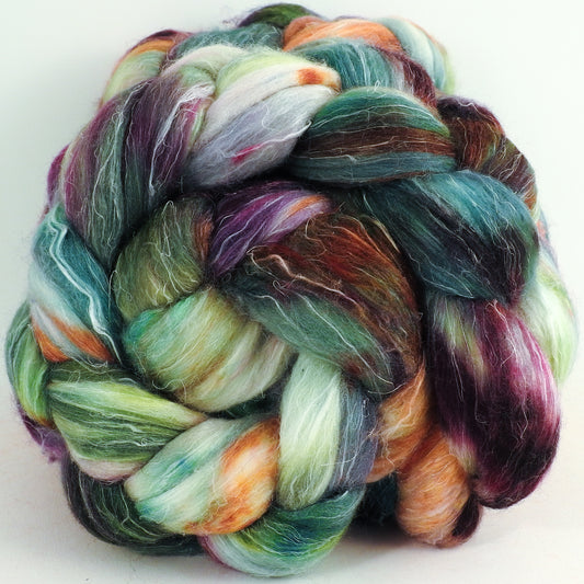 Greenhouse Envy - (5.4 oz) - Batt in a Braid #29 - Rambouillet / Tussah / Flax (40/40/20)-  Fusion Series