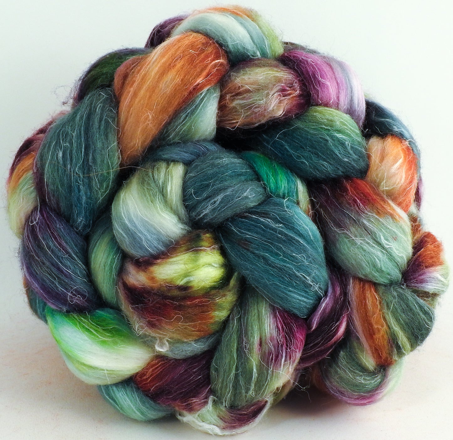 Greenhouse Envy - (5.4 oz) - Batt in a Braid #29 - Rambouillet / Tussah / Flax (40/40/20)-  Fusion Series