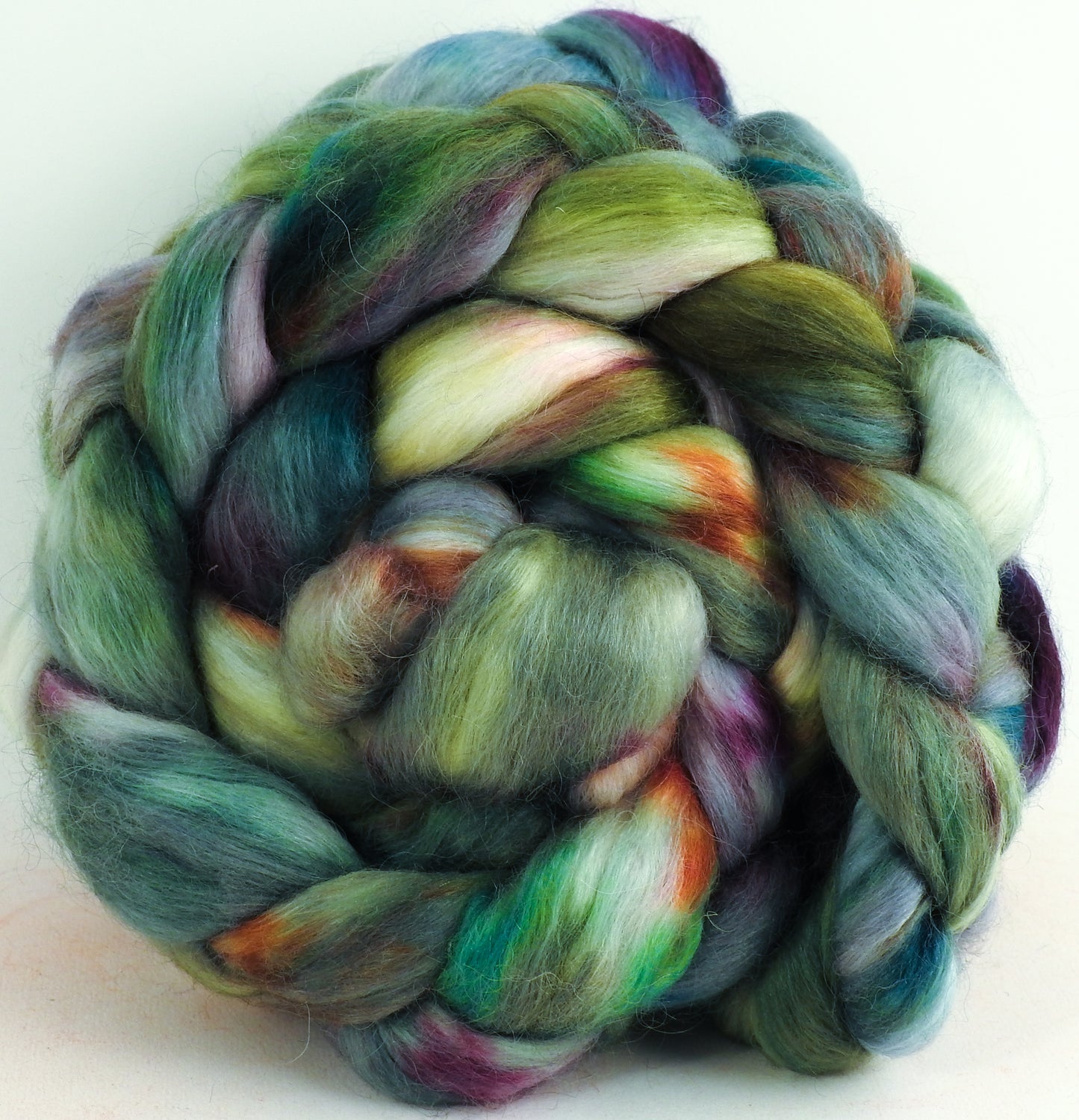 Greenhouse Envy (5.7 oz) - Batt in a Braid #52- Wensleydale/ Mulberry silk/ Polwarth (60/25/15)-  Fusion Series