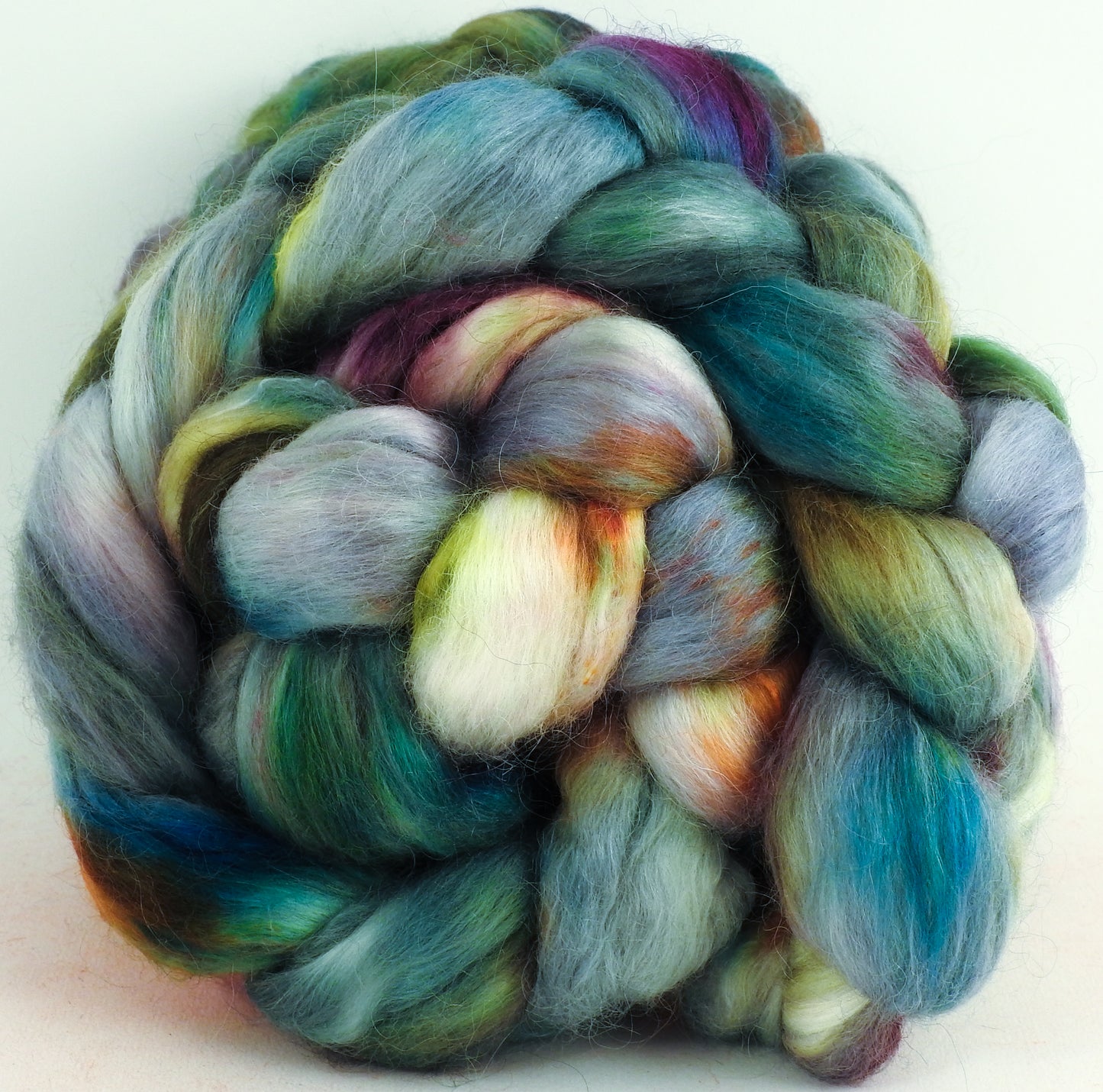 Greenhouse Envy (5.7 oz) - Batt in a Braid #52- Wensleydale/ Mulberry silk/ Polwarth (60/25/15)-  Fusion Series