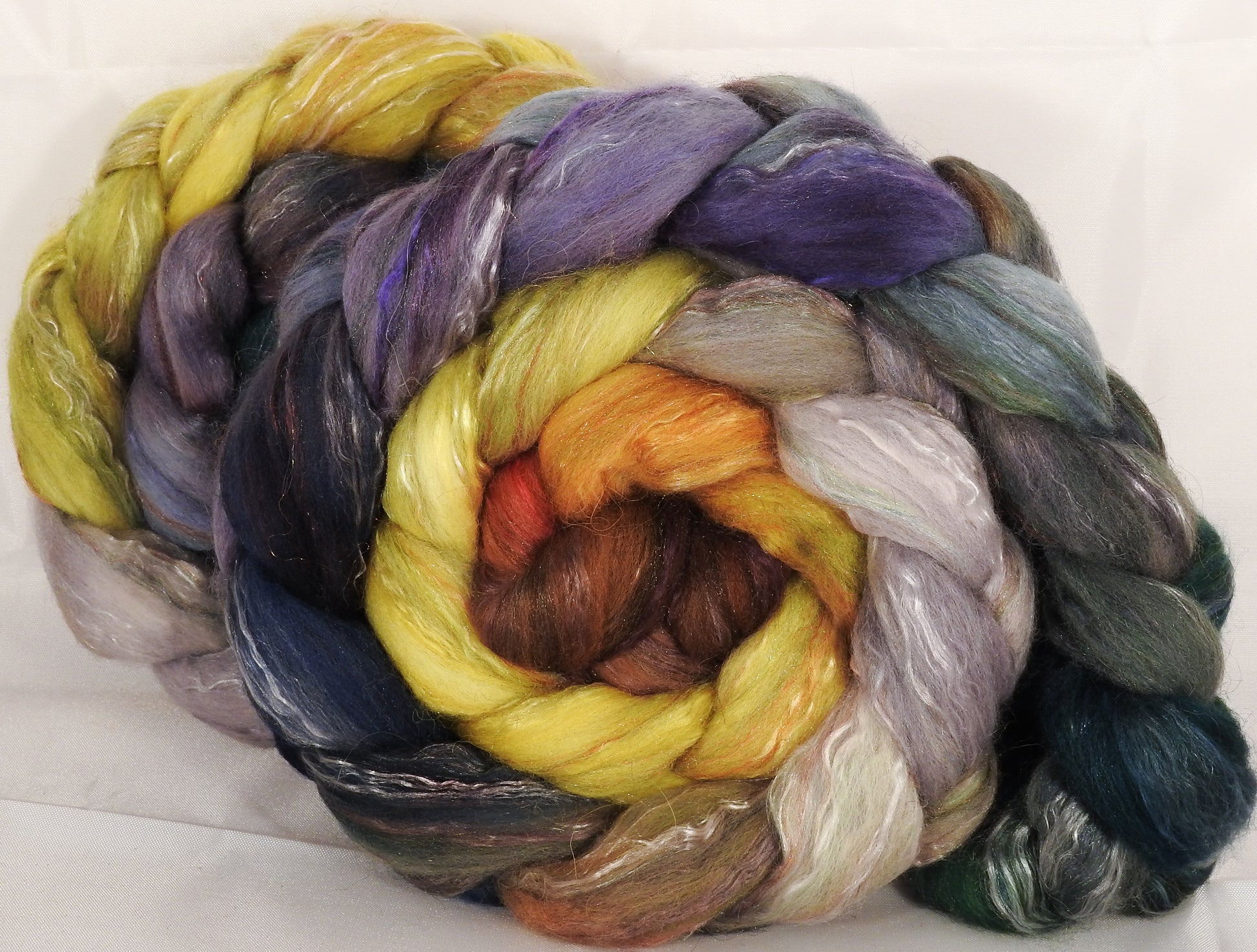 Batt in a Braid #31-Golden Chain Tree -( 5.25 oz. ) - Polwarth/ Mulberry Silk / Baby Alpaca / Rainbow Firestar/ Tencel( 40/25/15/10/10) - Inglenook Fibers