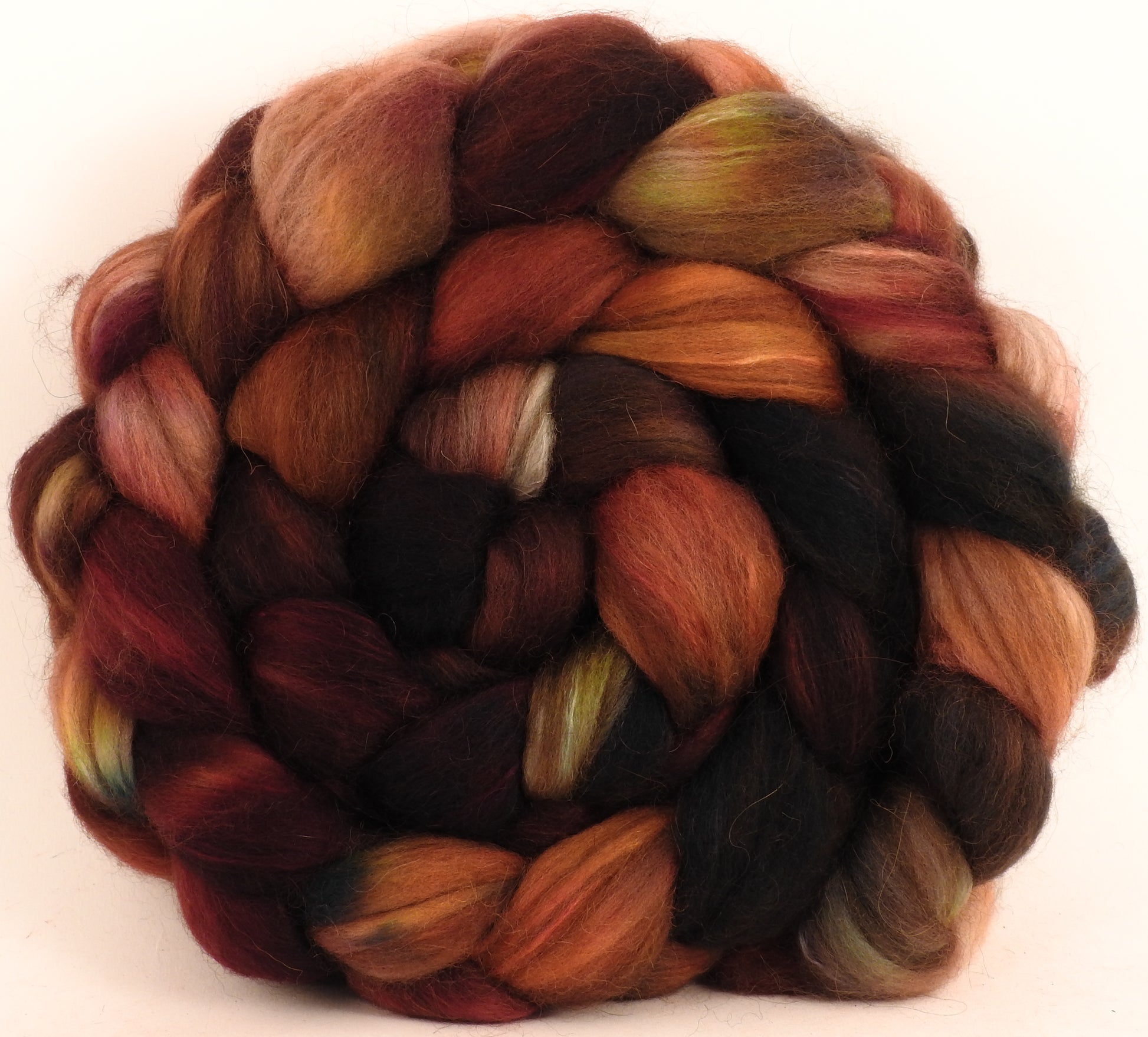 Hand dyed top for spinning -Embers- 18.5 mic merino/ camel/ brown alpaca/ mulberry silk/ (40/20/20/20) - Inglenook Fibers