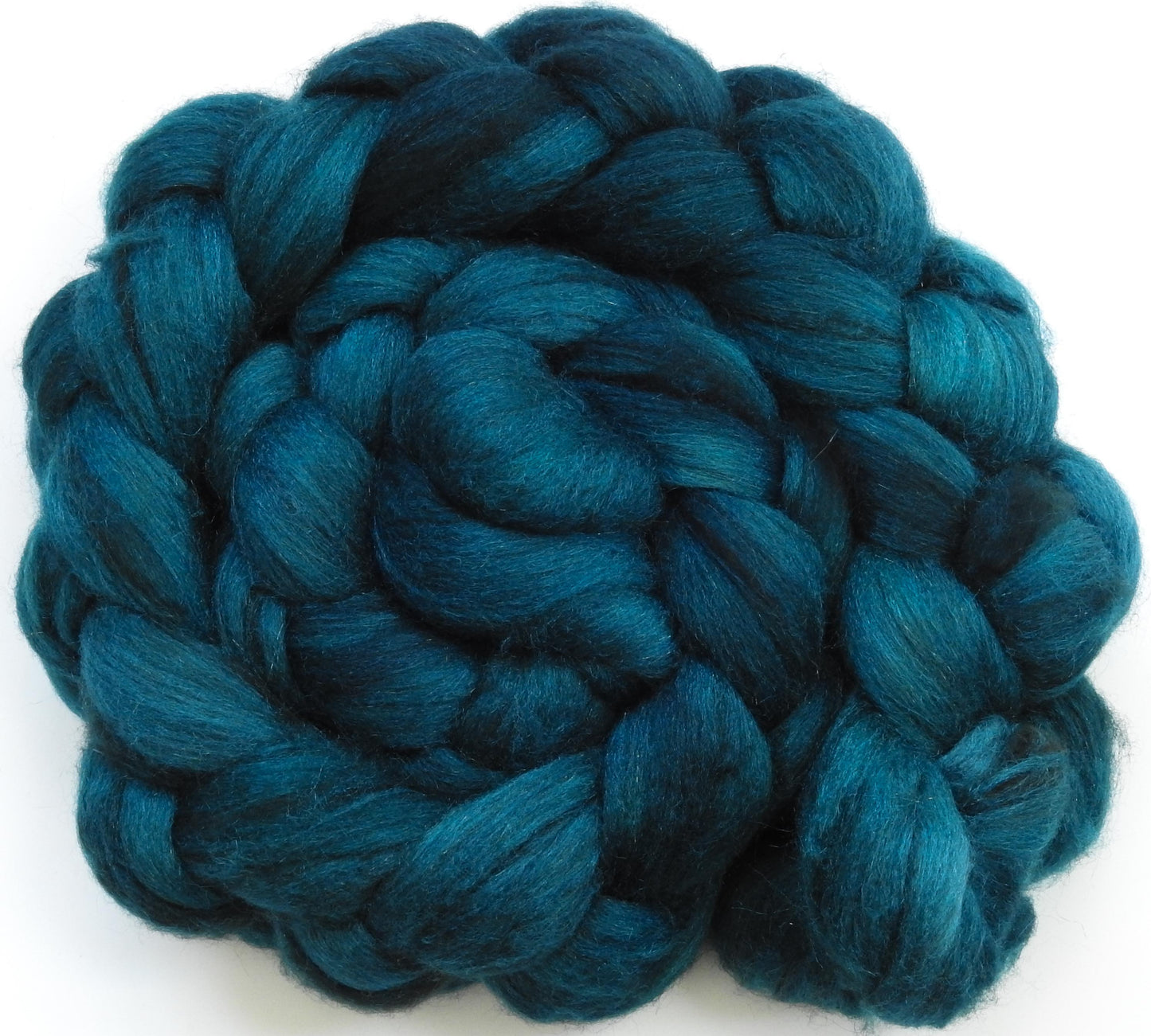 Blue Spruce -(5.2 oz) Batt in a Braid #53- YAK/ Tussah silk/ Superfine Merino/Gold Stellina(30/30/30/10)