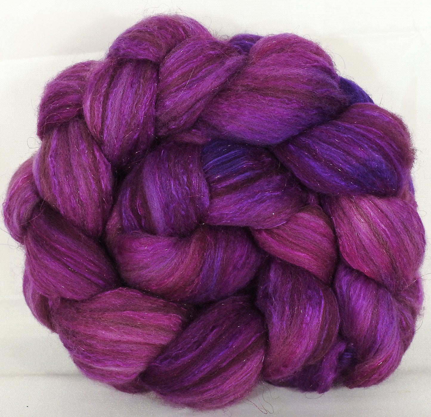 Batt in a Braid #7 -Fuchsia-(5.3 oz.)Polwarth/ Manx / Mulberry silk/ Firestar (30/30/30/10) - Inglenook Fibers