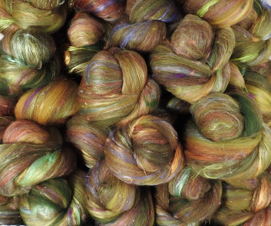 Spanish Olives - Sticklebatts - 30% Bond fleece; merino, silk, bamboo, silk noil, (angelina in sparkle ones) - Inglenook Fibers