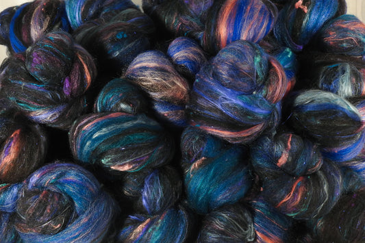 Wee Small Hours - Sticklebatts ( 4.1 oz.) - 30% natural black Bond fleece; merino, rambouillet, silk, bamboo, silk noil, angelina - Inglenook Fibers