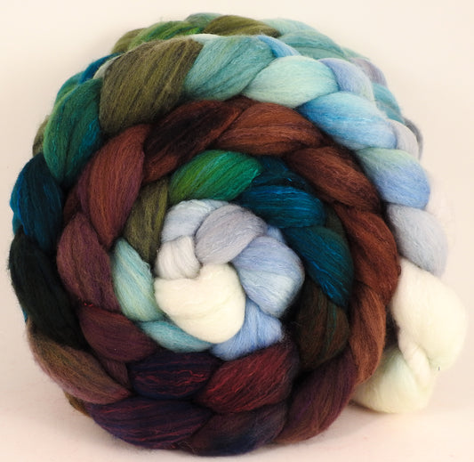 Hand dyed top for spinning -Sleigh Ride - (5.5 oz) Organic Polwarth / Tussah silk (80/20) - Inglenook Fibers
