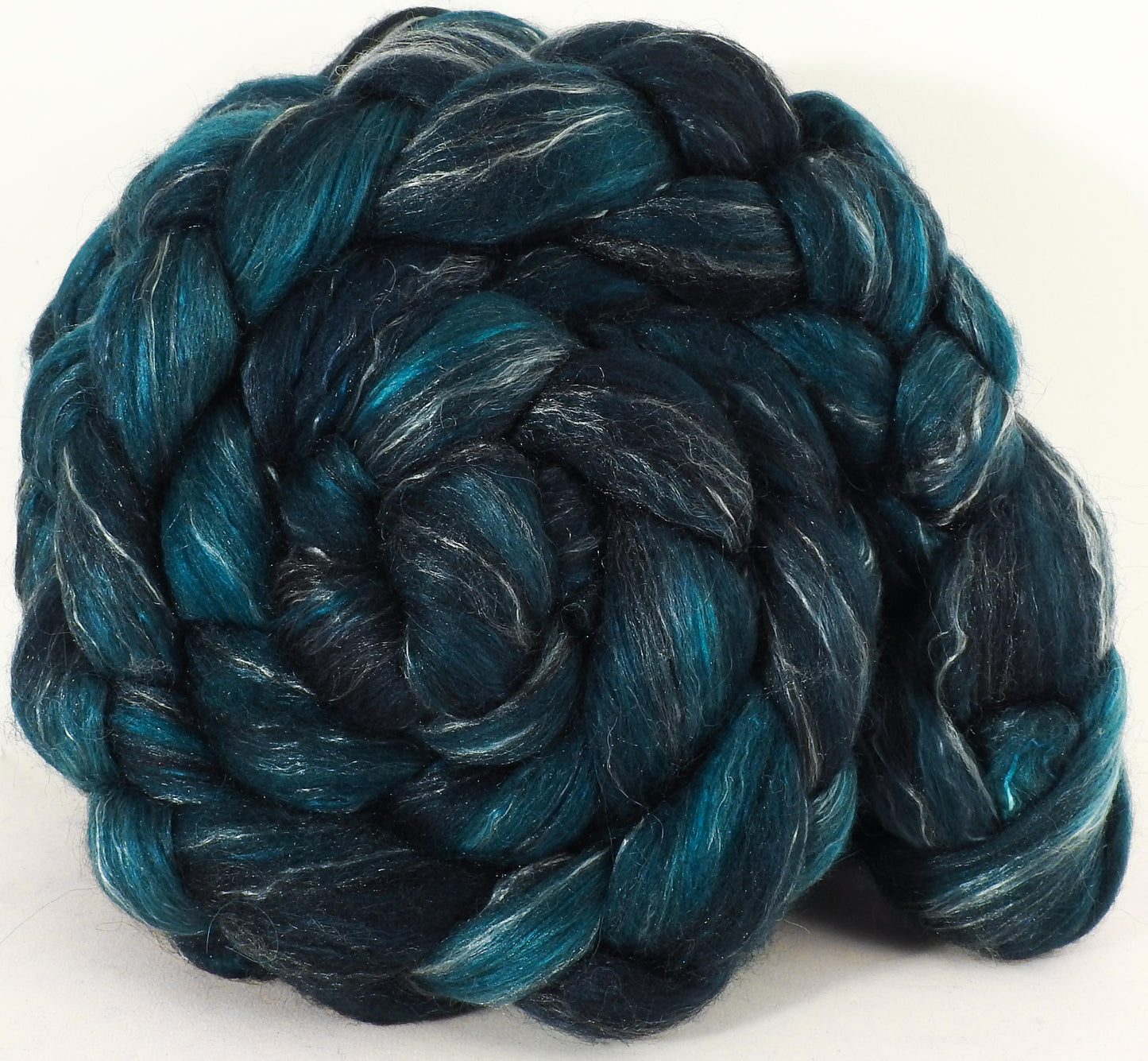 Blue Spruce (5.8 oz) - Batt in a Braid #31 - Polwarth/ Mulberry Silk / Baby Alpaca / Rainbow Firestar/ Tencel( 40/25/15/10/10)