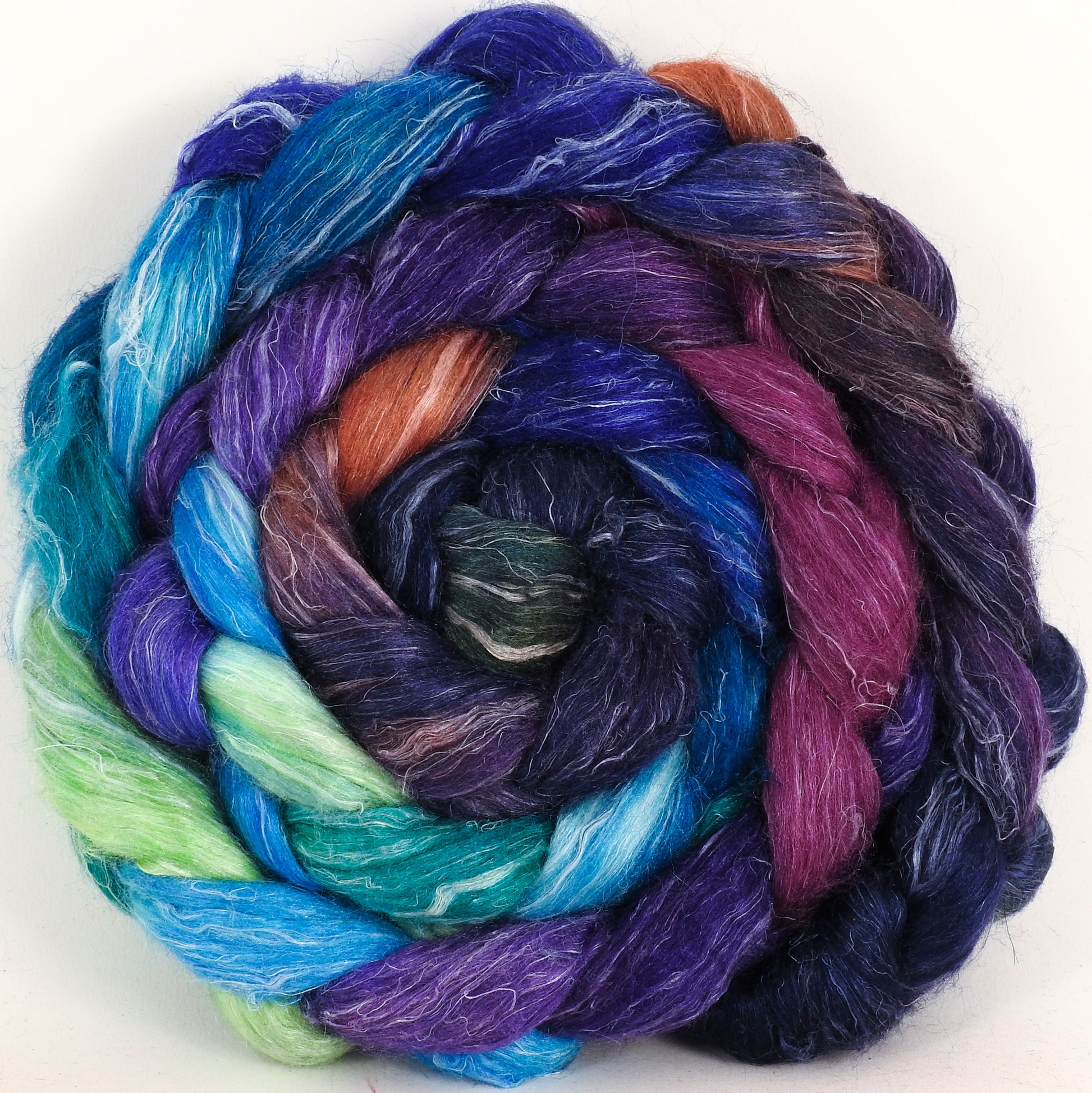 Hand dyed Tussah Silk / flax roving -Royal Pain -(65/35)- (5.4 oz.) - Inglenook Fibers