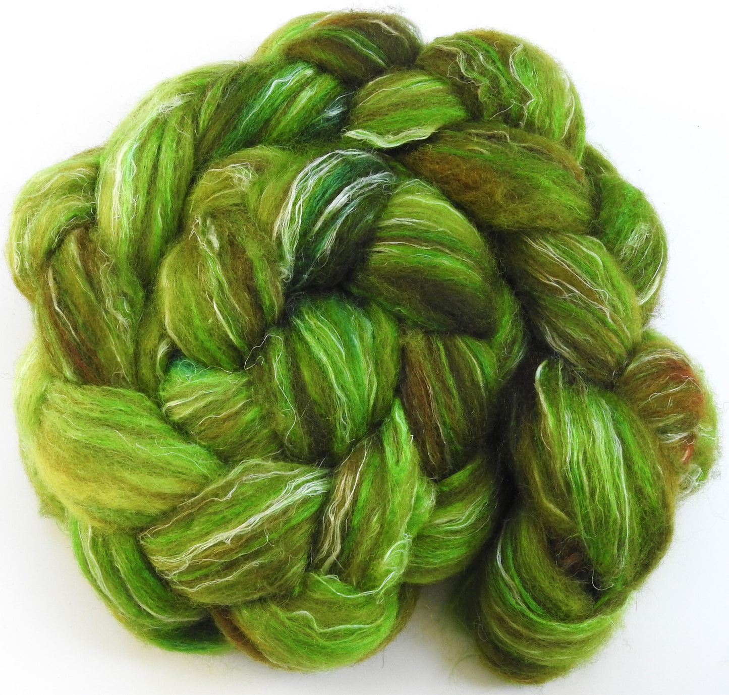 Batt in a Braid #32 -Ribbit -(5.8 oz)  Manx Loaghtan/ Wht Bfl / Tussah Silk/ Flax( 30/30/30/10)