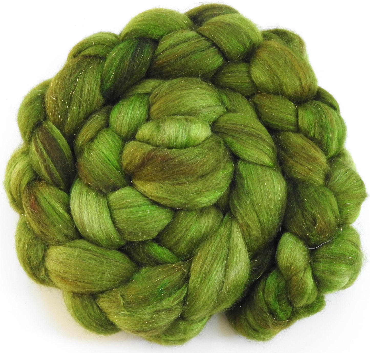 Ribbit -(5.3 oz) Batt in a Braid #53- YAK/ Tussah silk/ Superfine Merino/Gold Stellina(30/30/30/10)