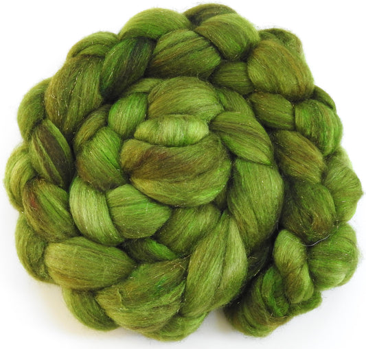 Ribbit -(5.3 oz) Batt in a Braid #53- YAK/ Tussah silk/ Superfine Merino/Gold Stellina(30/30/30/10)