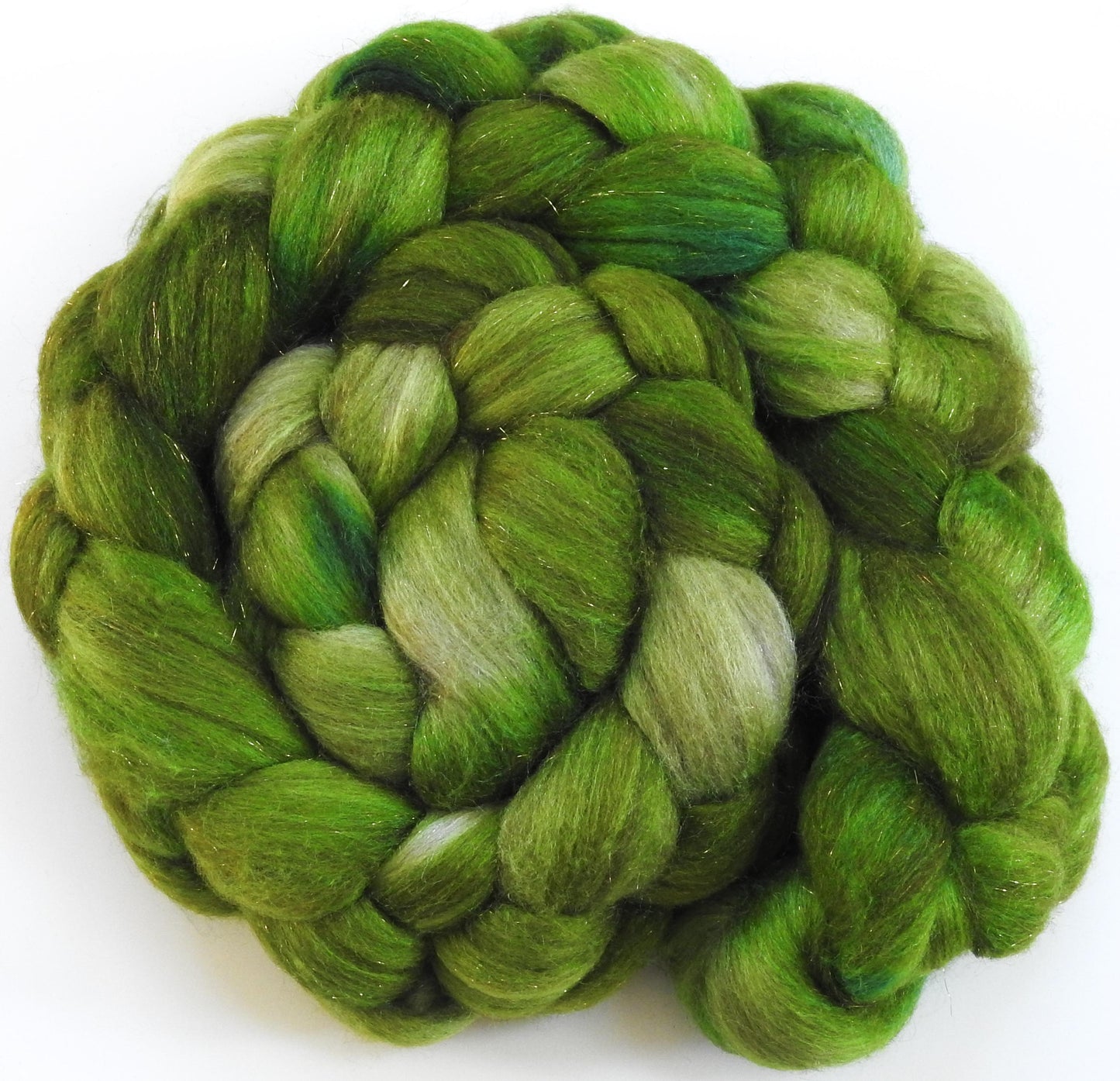 Ribbit -(5.3 oz) Batt in a Braid #53- YAK/ Tussah silk/ Superfine Merino/Gold Stellina(30/30/30/10)