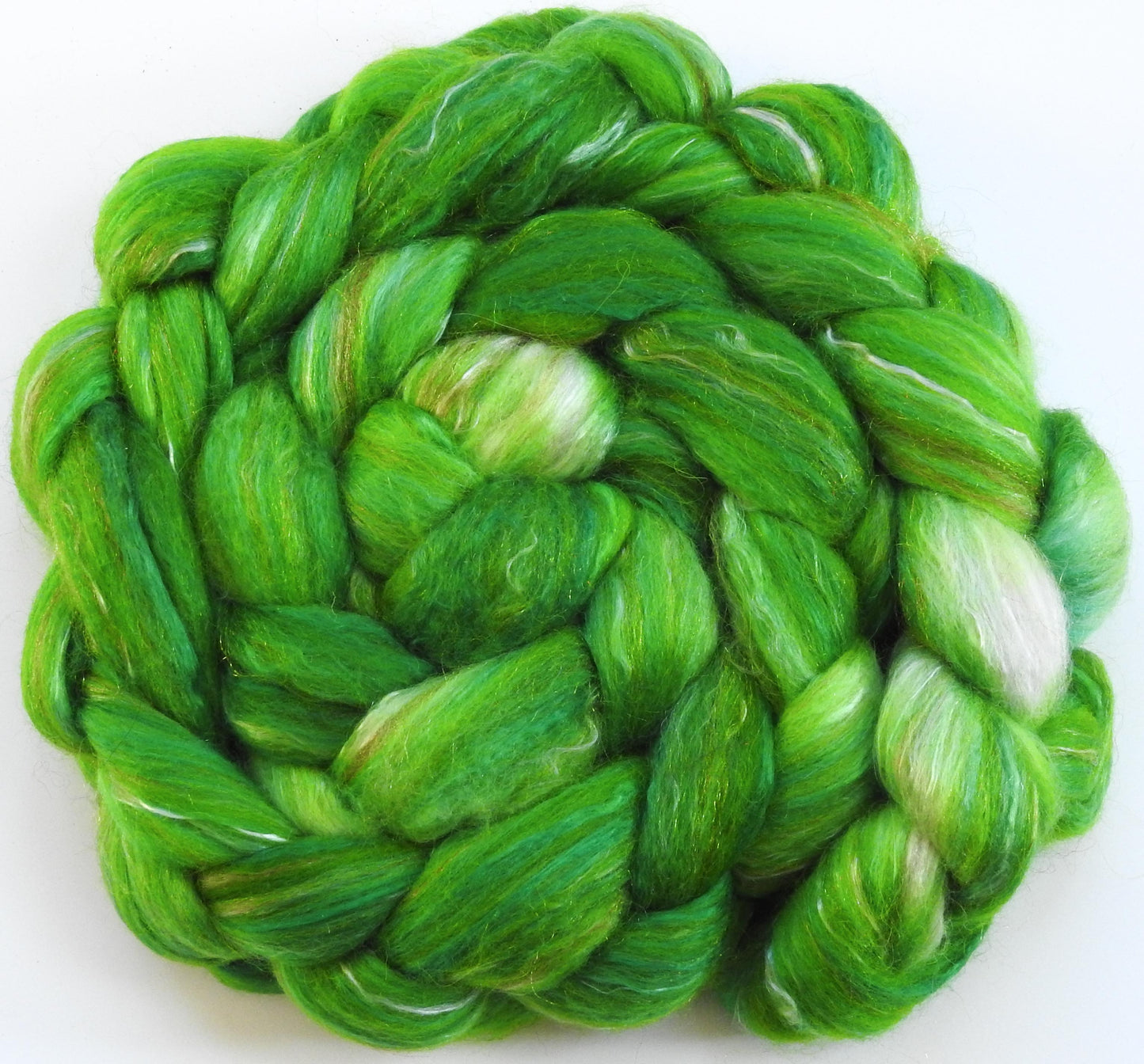 Limey (5.6 oz) - Batt in a Braid #31 - Polwarth/ Mulberry Silk / Baby Alpaca / Rainbow Firestar/ Tencel( 40/25/15/10/10)