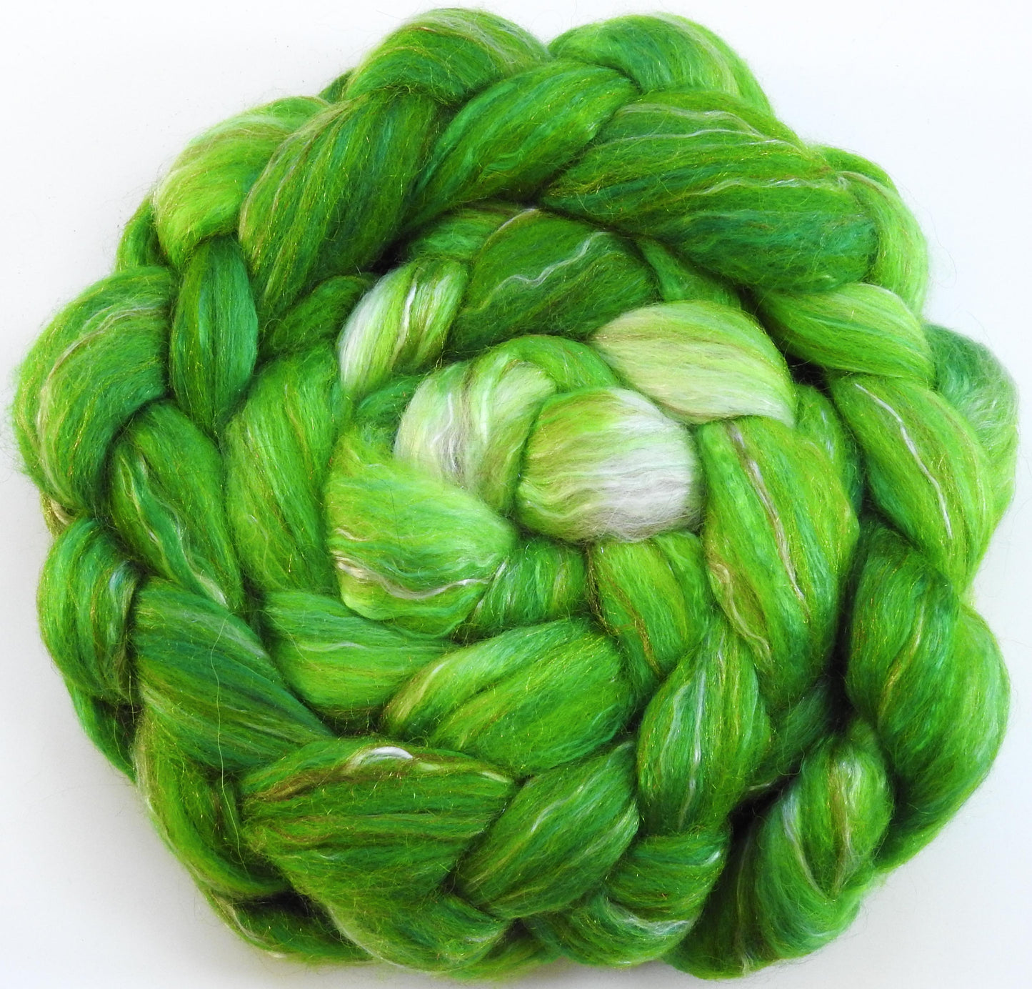 Limey (5.6 oz) - Batt in a Braid #31 - Polwarth/ Mulberry Silk / Baby Alpaca / Rainbow Firestar/ Tencel( 40/25/15/10/10)