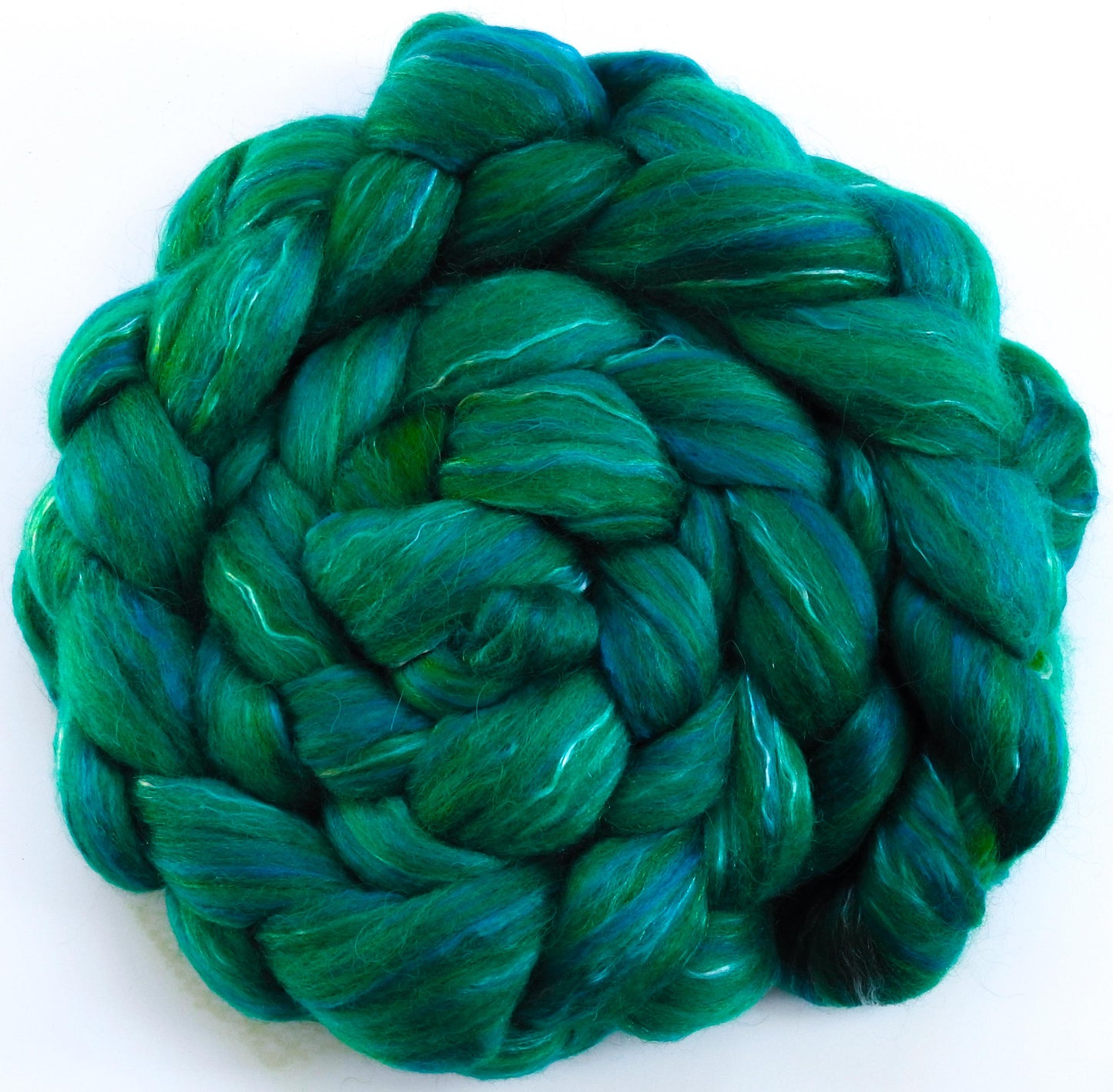 Shamrock (5.8 oz) - Batt in a Braid #31 - Polwarth/ Mulberry Silk / Baby Alpaca / Rainbow Firestar/ Tencel( 40/25/15/10/10)