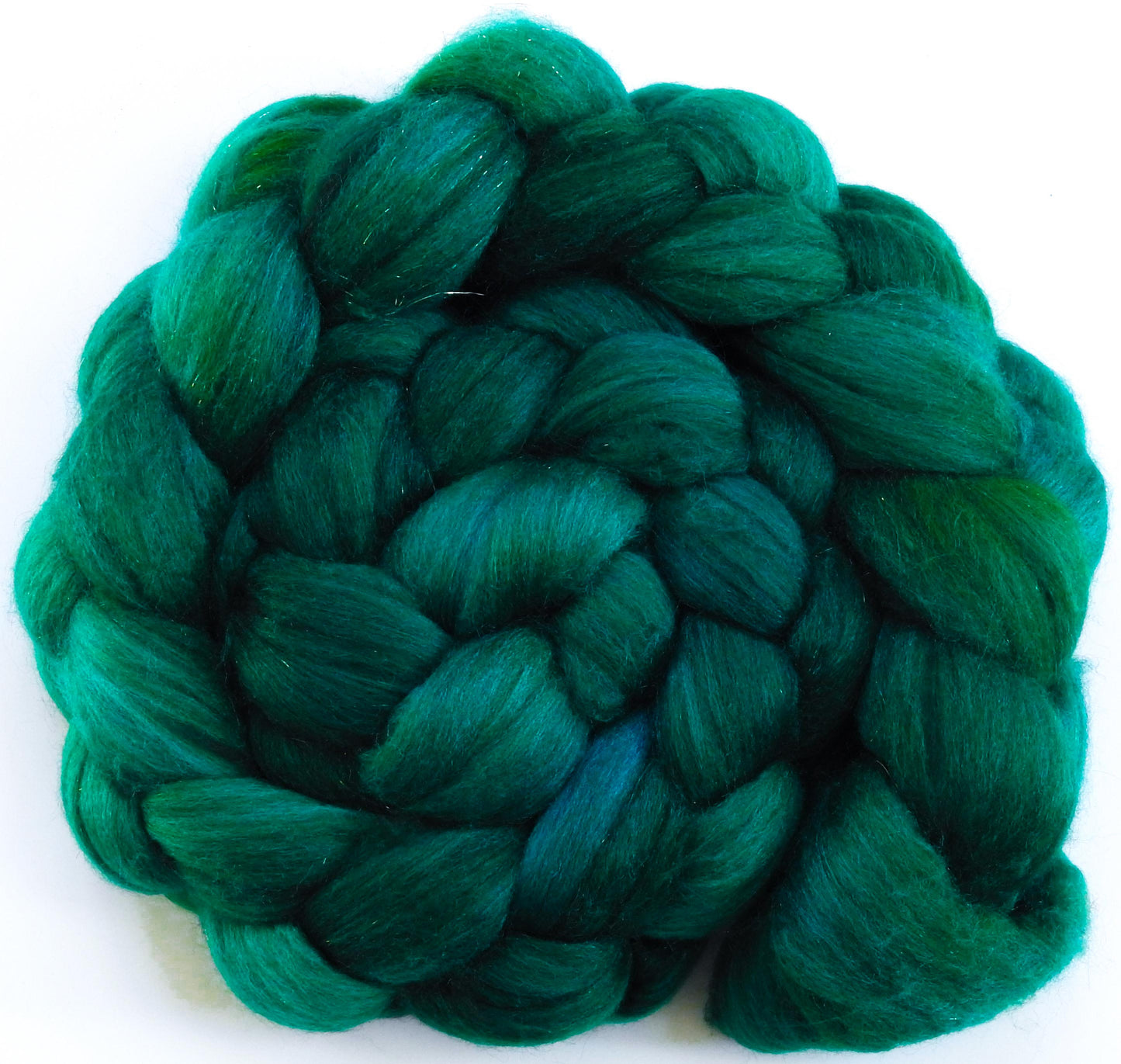 Shamrock-(5.1 oz) Batt in a Braid #53- YAK/ Tussah silk/ Superfine Merino/Gold Stellina(30/30/30/10)