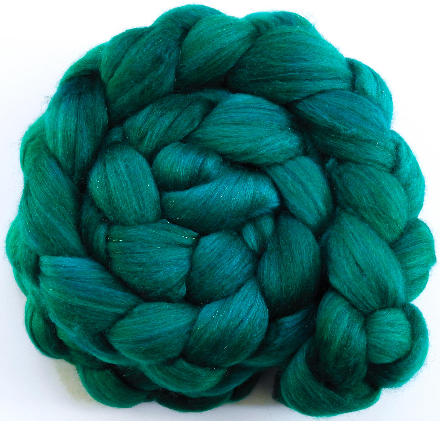 Shamrock-(5.1 oz) Batt in a Braid #53- YAK/ Tussah silk/ Superfine Merino/Gold Stellina(30/30/30/10)