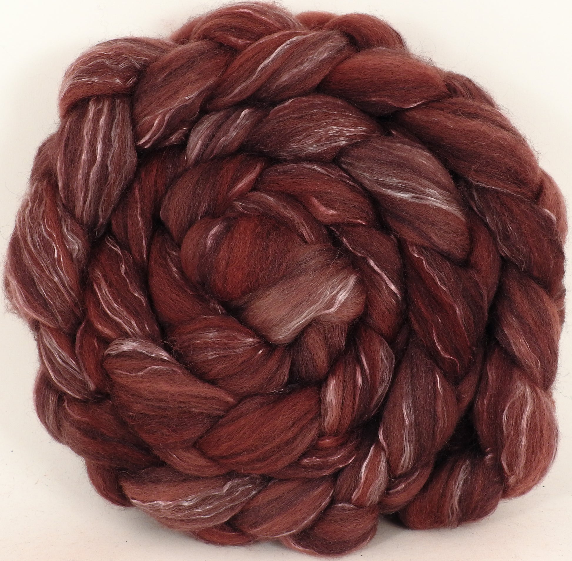 Batt in a Braid #17 - Mahogany -(5.1 oz.) Grey Corriedale/ Tussah silk/ Tencel (50/25/25) - Inglenook Fibers