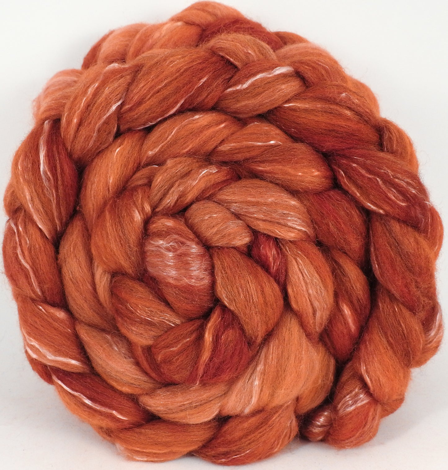 Batt in a Braid #17 - Clementine -(5.1 oz.) Grey Corriedale/ Tussah silk/ Tencel (50/25/25) - Inglenook Fibers