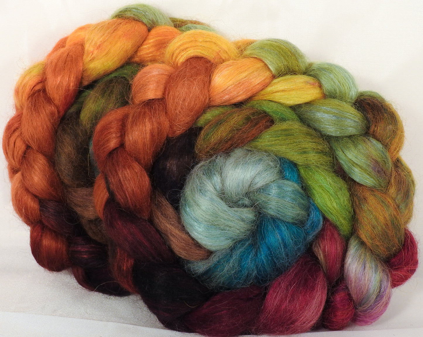 Hand-dyed wensleydale/ mulberry silk roving ( 65/35) -Farm Stand- ( 5.35 oz.) - Inglenook Fibers