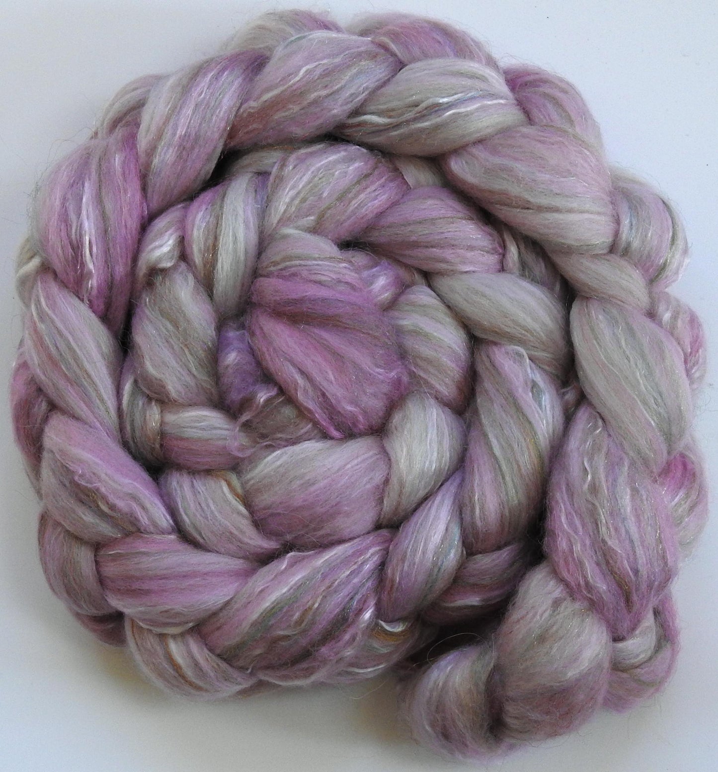 Tea Rose (5.6 oz) - Batt in a Braid #31 - Polwarth/ Mulberry Silk / Baby Alpaca / Rainbow Firestar/ Tencel( 40/25/15/10/10)