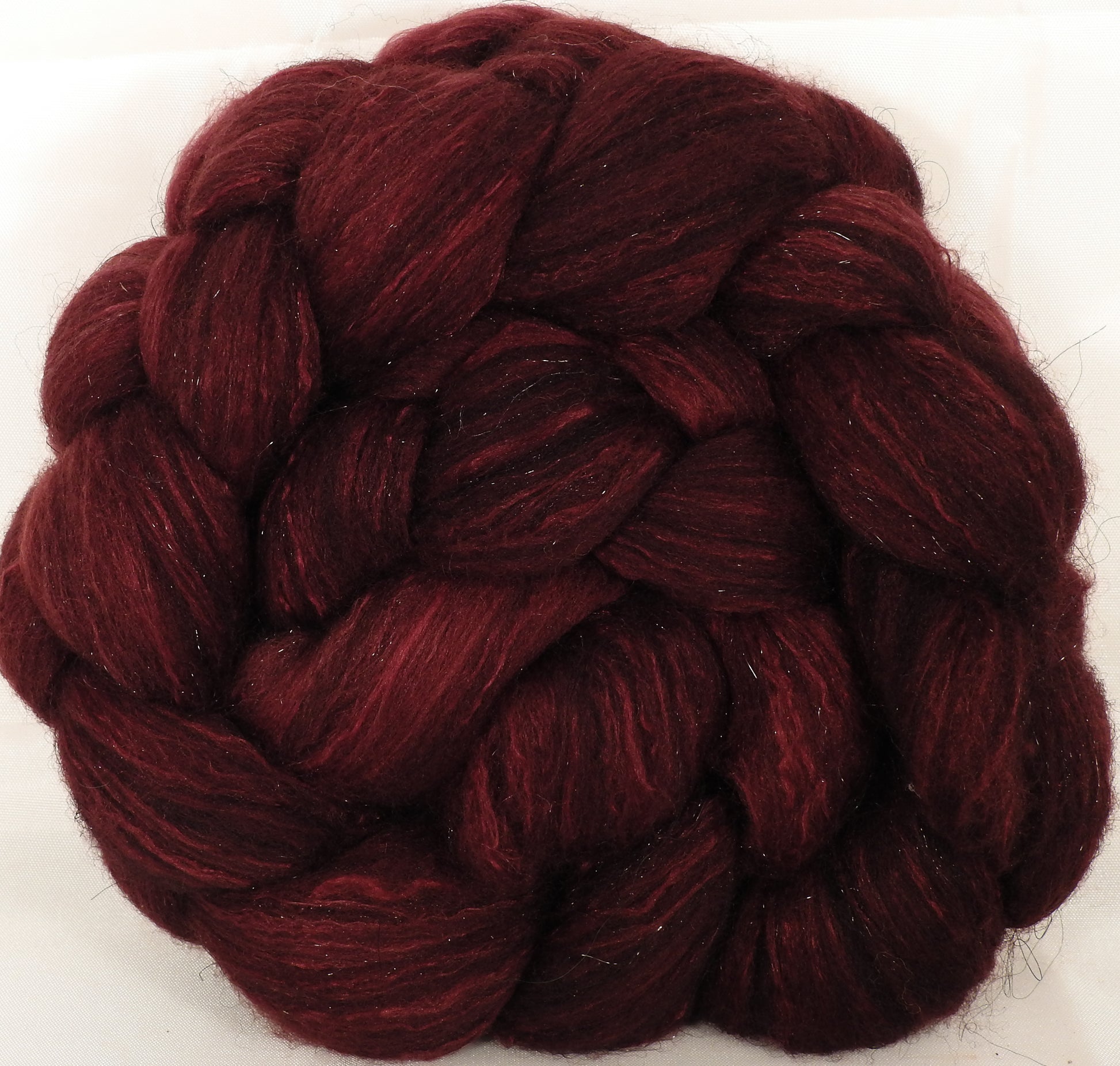 Batt in a Braid #7 -Pomegranate-(5.3 oz.)Polwarth/ Manx / Mulberry silk/ Firestar (30/30/30/10) - Inglenook Fibers