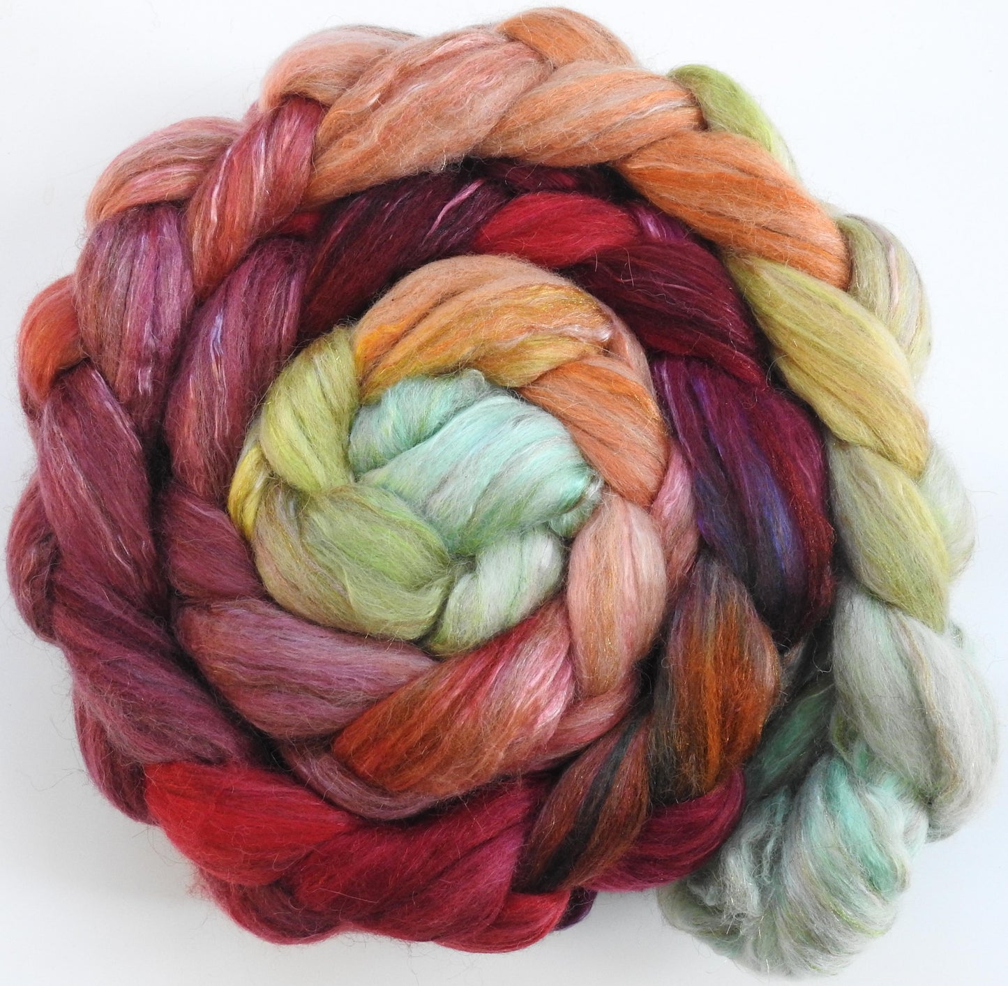 Icelandic Poppies - Batt in a Braid #31 - Polwarth/ Mulberry Silk / Baby Alpaca / Rainbow Firestar/ Tencel( 40/25/15/10/10)