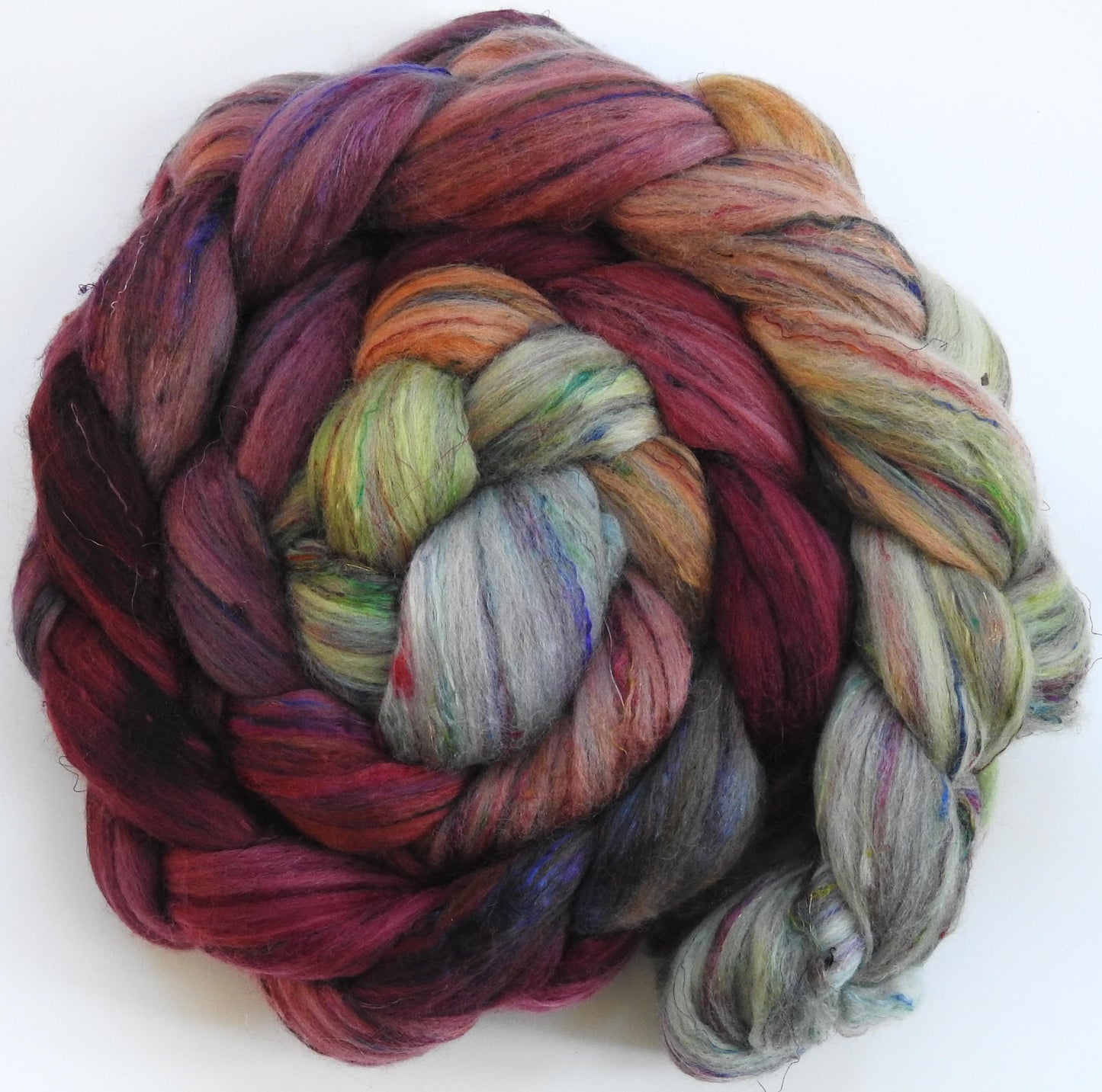 Icelandic Poppies (5.6 oz)- Batt in a Braid #39 -Falkland Merino/ Mulberry Silk / Sari Silk (50/25/25)