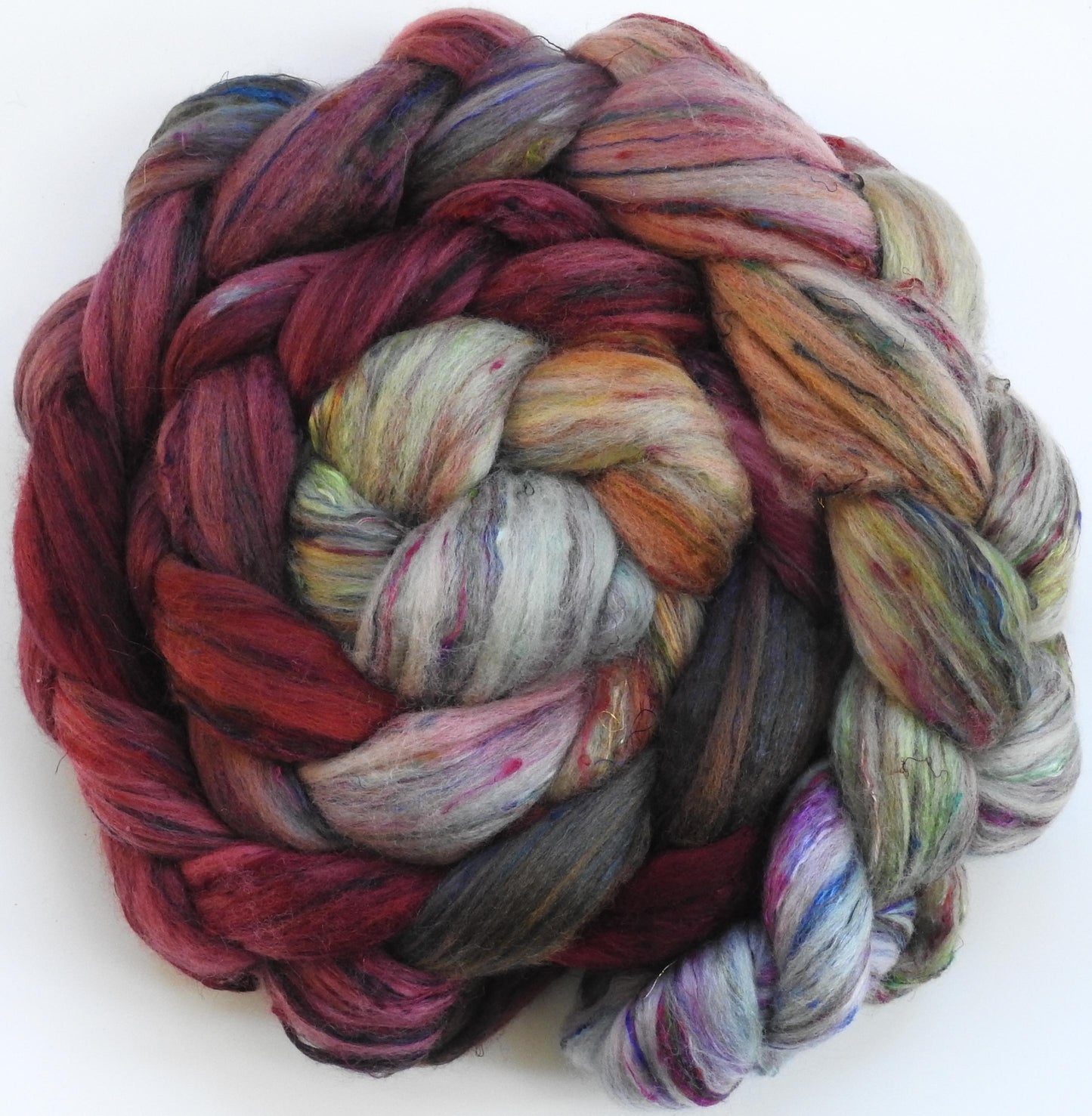 Icelandic Poppies (5.6 oz)- Batt in a Braid #39 -Falkland Merino/ Mulberry Silk / Sari Silk (50/25/25)