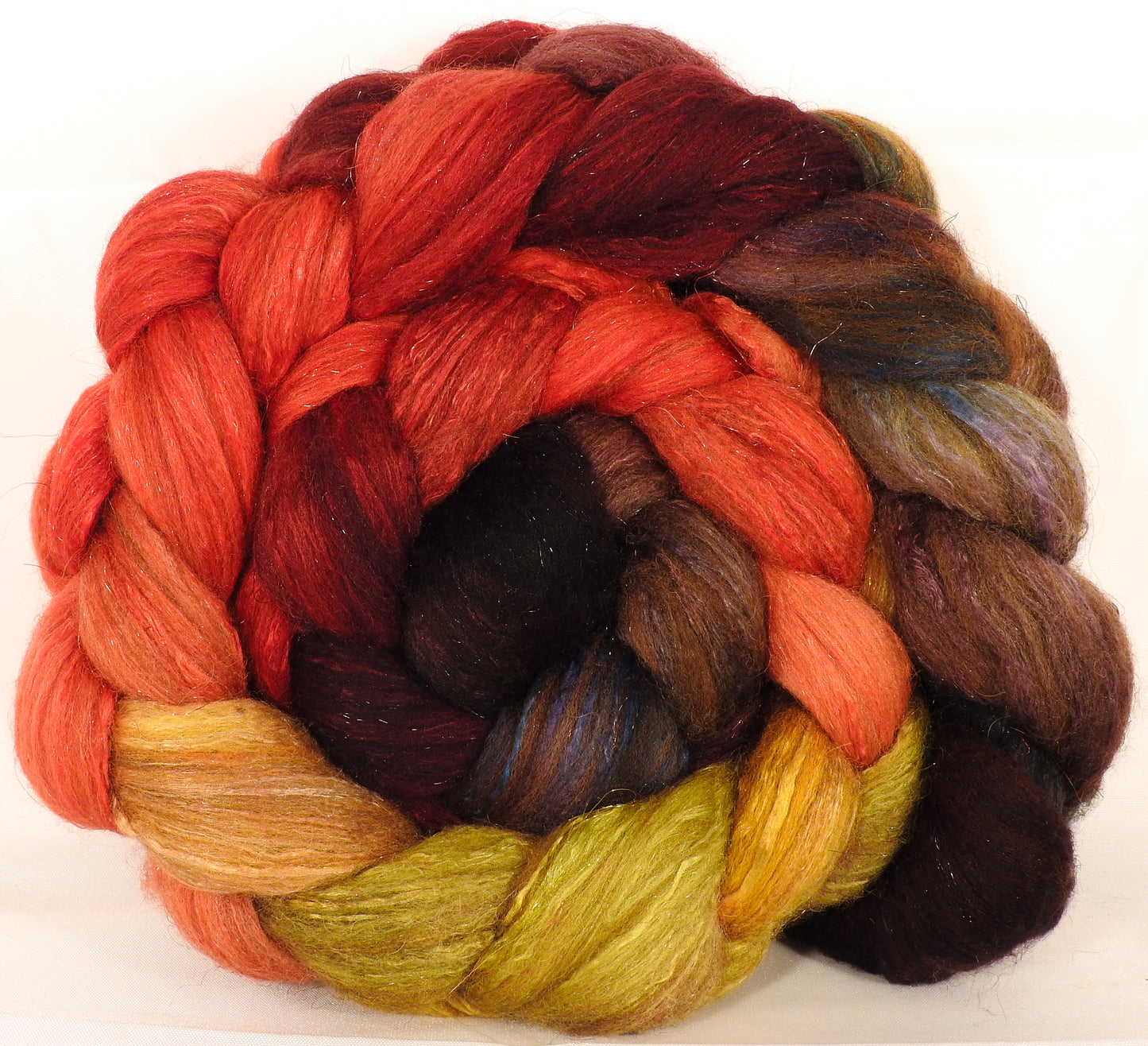 Batt in a Braid #7 -Burning Bush -(6.35 oz.) Polwarth/ Manx / Mulberry silk/ Firestar (30/30/30/10) - Inglenook Fibers