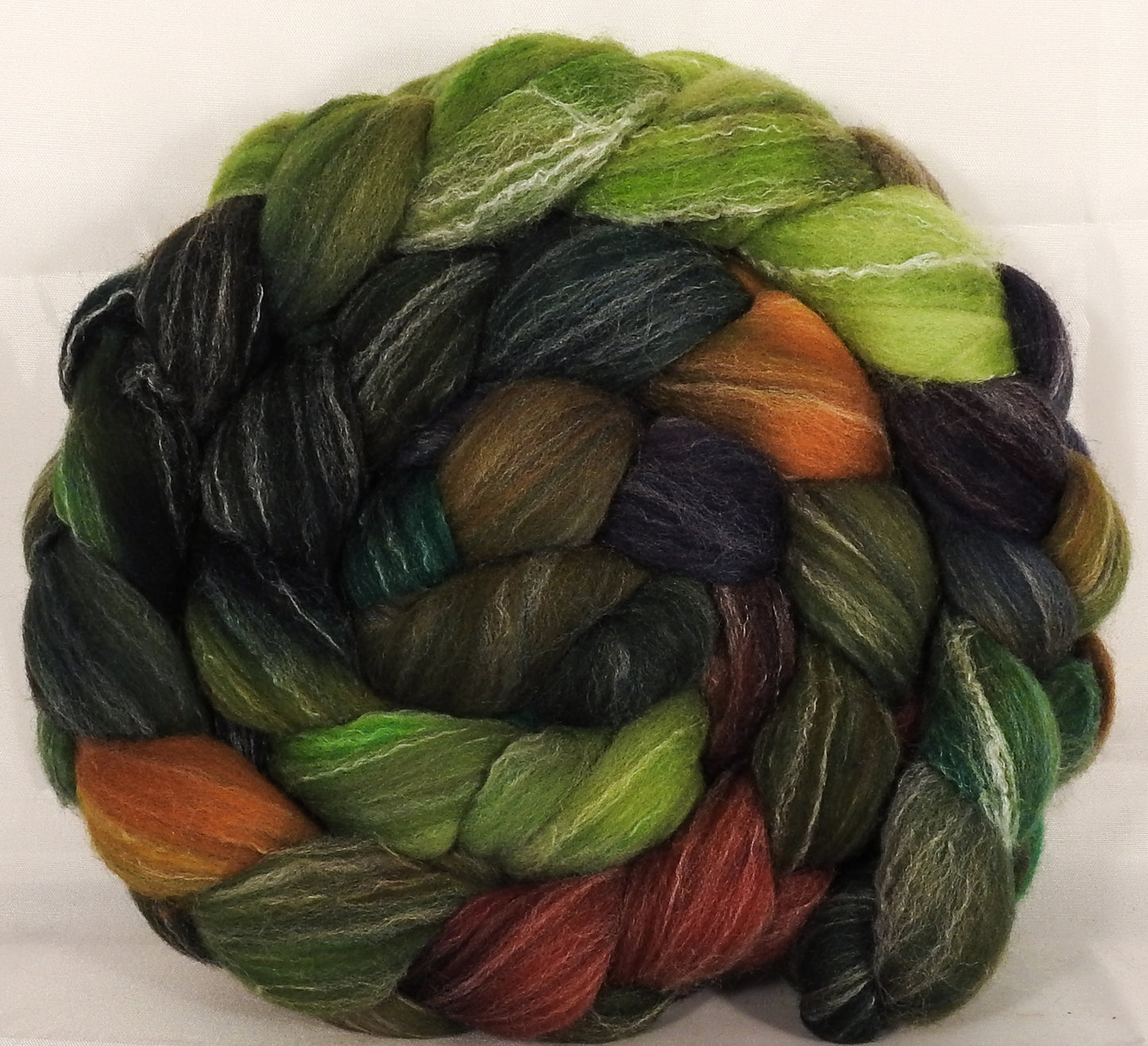 Hand dyed top for spinning -Mossy- (5.2 oz.) Targhee/silk/ bamboo ( 80/10/10) - Inglenook Fibers