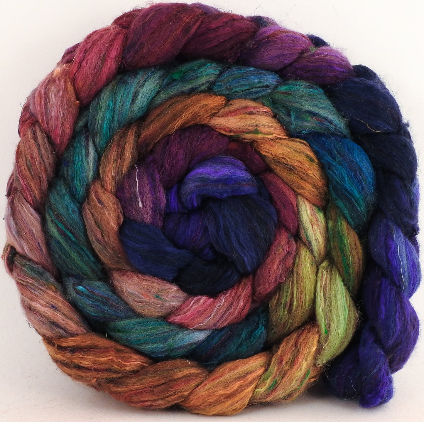Batt in a Braid #39 -Yarn bombing (5.5 oz) - Falkland Merino/ Mulberry Silk / Sari Silk (50/25/25) - Inglenook Fibers
