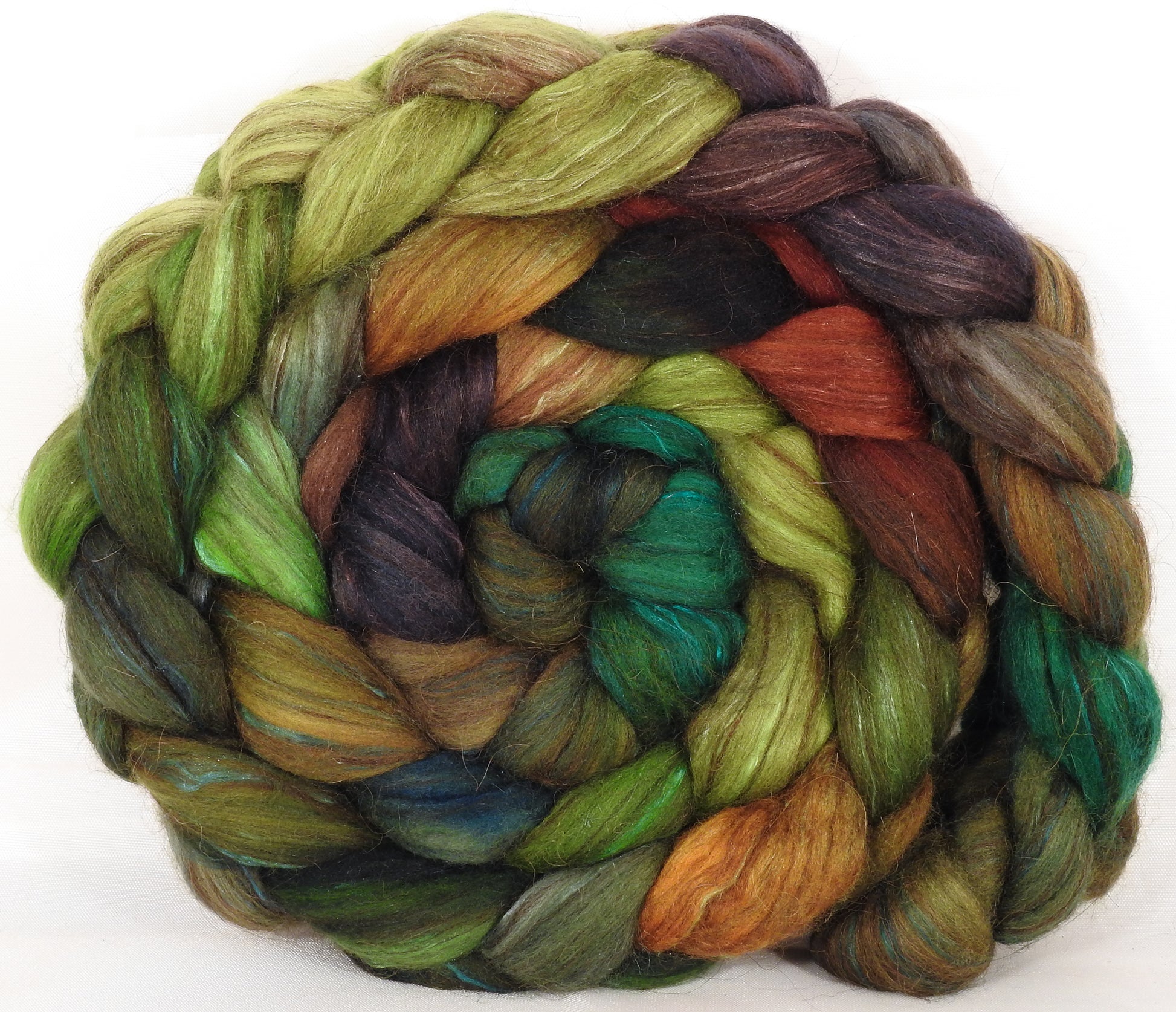 Hand dyed top for spinning -Mossy- 18.5 mic merino/ camel/ brown alpaca/ mulberry silk/ (40/20/20/20) - Inglenook Fibers