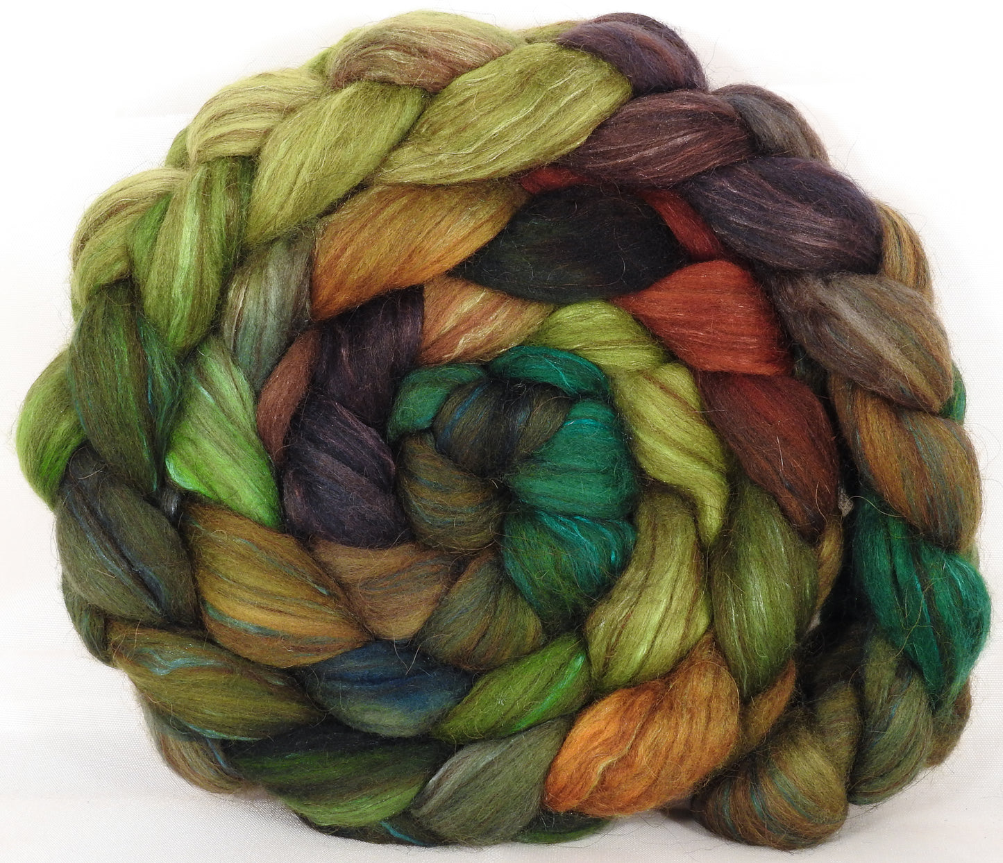 Hand dyed top for spinning -Mossy-( 5.45 oz. )  18.5 mic merino/ camel/ brown alpaca/ mulberry silk/ (40/20/20/20) - Inglenook Fibers