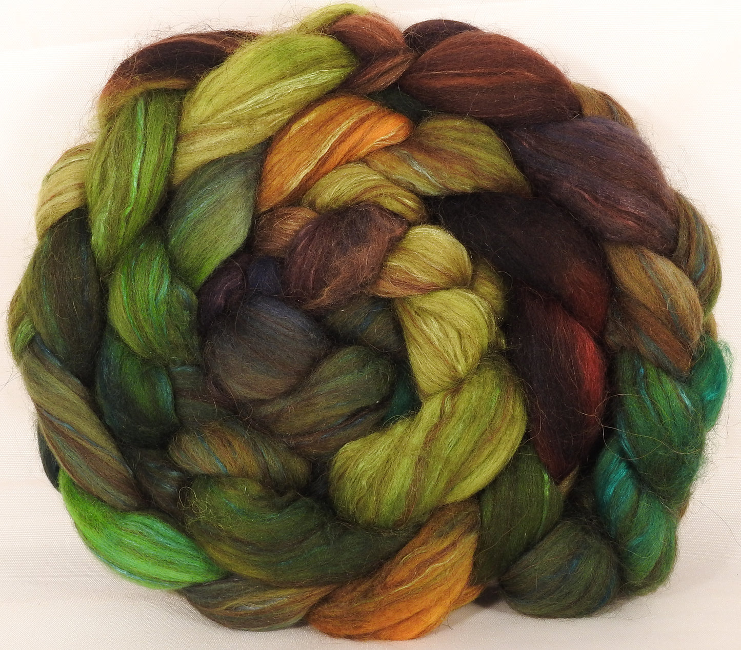 Hand dyed top for spinning -Mossy- 18.5 mic merino/ camel/ brown alpaca/ mulberry silk/ (40/20/20/20) - Inglenook Fibers