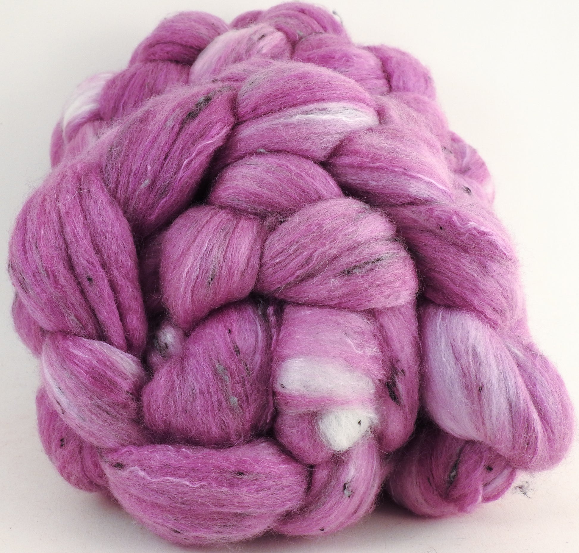 Batt in a Braid #49 -Peony (5.7 oz) - Polwarth/ Mulberry Silk/ Tweed Blend (50/25/25) - Inglenook Fibers