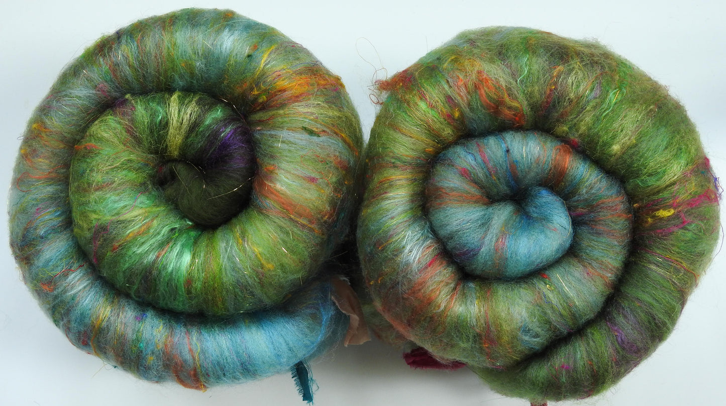 Sparkle Roly-Poly Batts - Ring of Kerry - LICHEN (3.8 oz) - 30% Romeldale Fleece; merino, polwarth, silk, bamboo, sari silk, angelina
