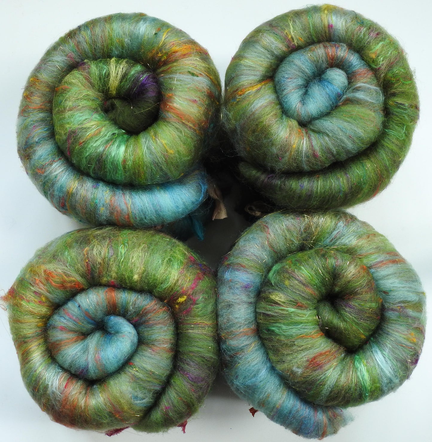 Sparkle Roly-Poly Batts - Ring of Kerry - LICHEN (3.8 oz) - 30% Romeldale Fleece; merino, polwarth, silk, bamboo, sari silk, angelina