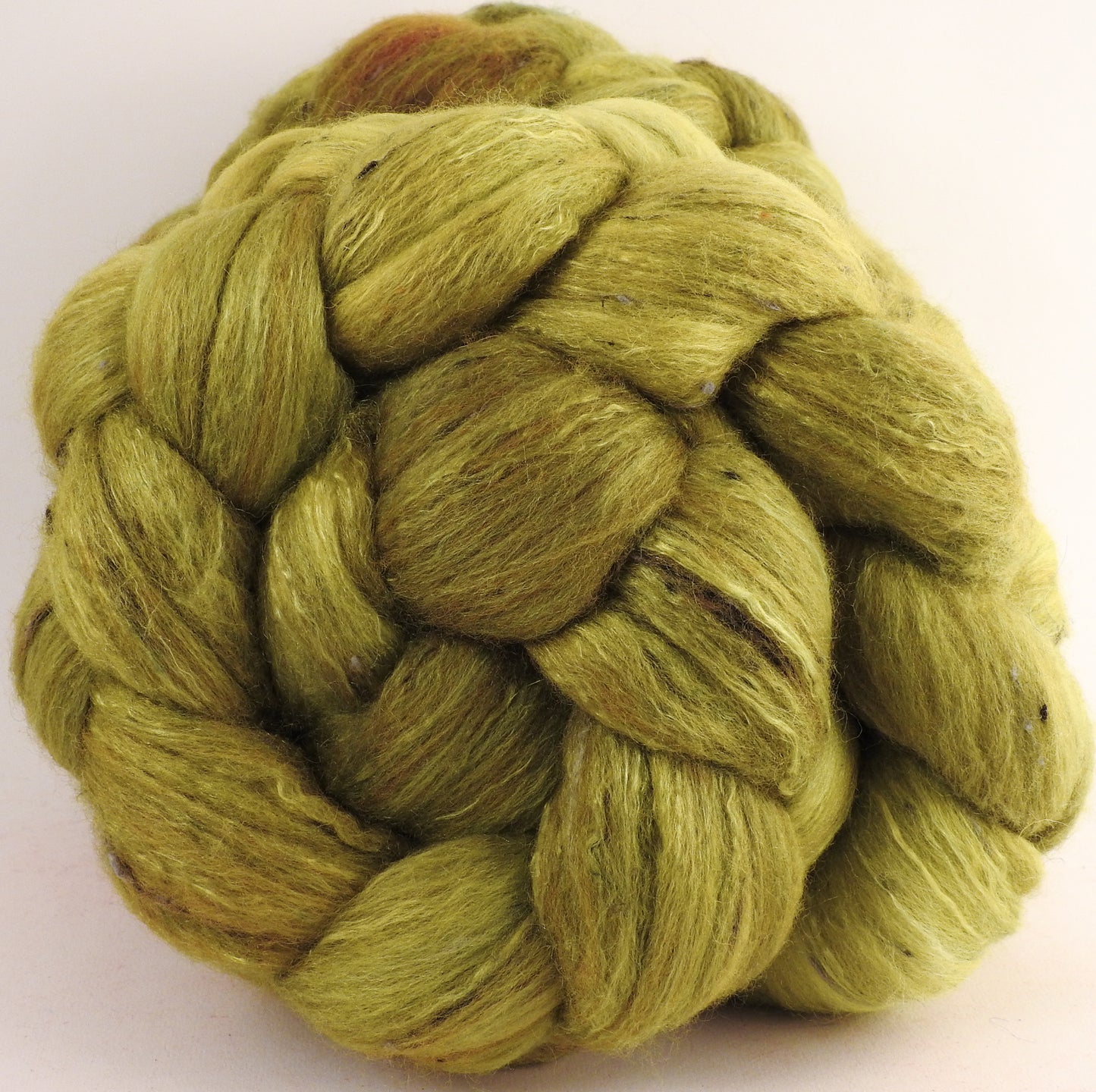 Batt in a Braid #49 -Asparagus - Polwarth/ Mulberry Silk/ Tweed Blend (50/25/25) - Inglenook Fibers