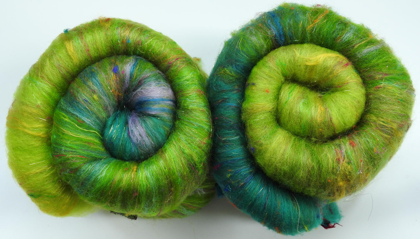 Sparkle Roly-Poly Batts - Ring of Kerry - GREENSWARD (3.8 oz) - 30% Romeldale Fleece; merino, polwarth, silk, bamboo, sari silk, angelina