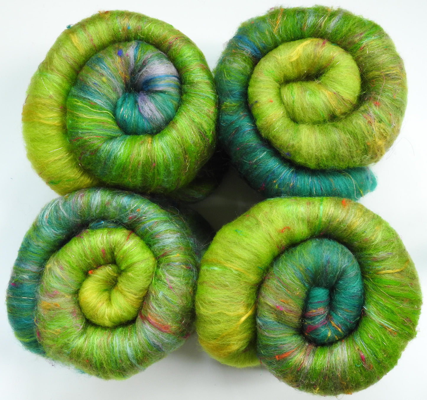 Sparkle Roly-Poly Batts - Ring of Kerry - GREENSWARD (3.8 oz) - 30% Romeldale Fleece; merino, polwarth, silk, bamboo, sari silk, angelina