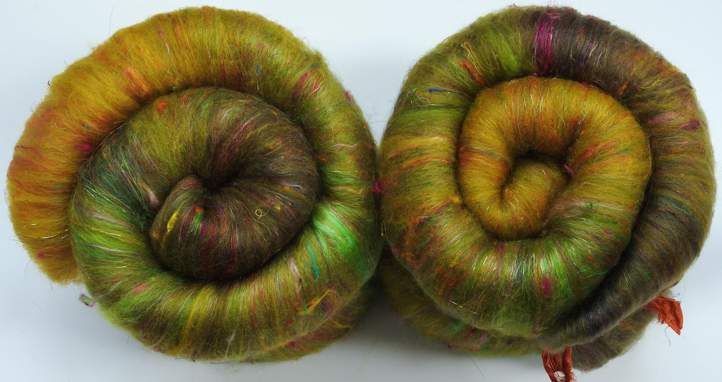 Sparkle Roly-Poly Batts - Ring of Kerry - GRELLOW (3.8 oz) - 30% Romeldale Fleece; merino, polwarth, silk, bamboo, sari silk, angelina