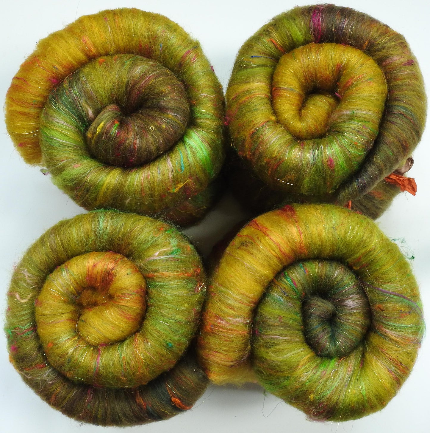 Sparkle Roly-Poly Batts - Ring of Kerry - GRELLOW (3.8 oz) - 30% Romeldale Fleece; merino, polwarth, silk, bamboo, sari silk, angelina