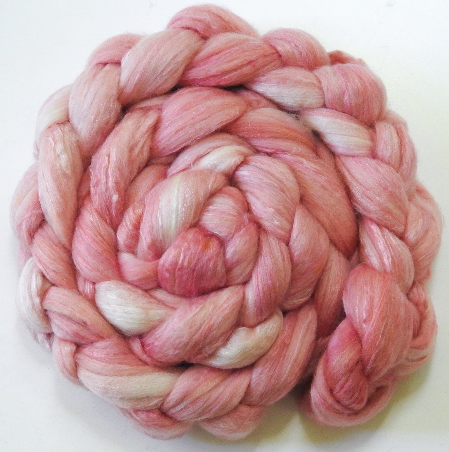 Pink Grapefruit - Batt in a Braid #5 - Merino/ Camel/ silk/ faux cashmere/ firestar (25/25/25/12/12)