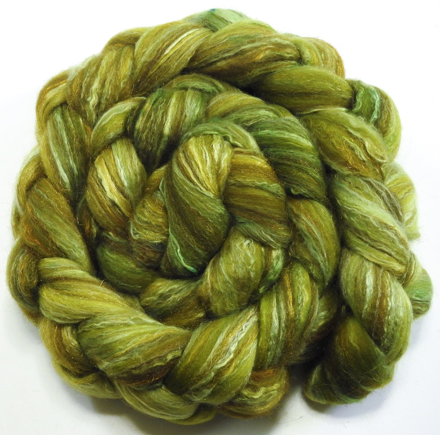 Asparagus- Batt in a Braid #7 - (5.8 oz.)Polwarth/ Manx / Mulberry silk/ Firestar (30/30/30/10)