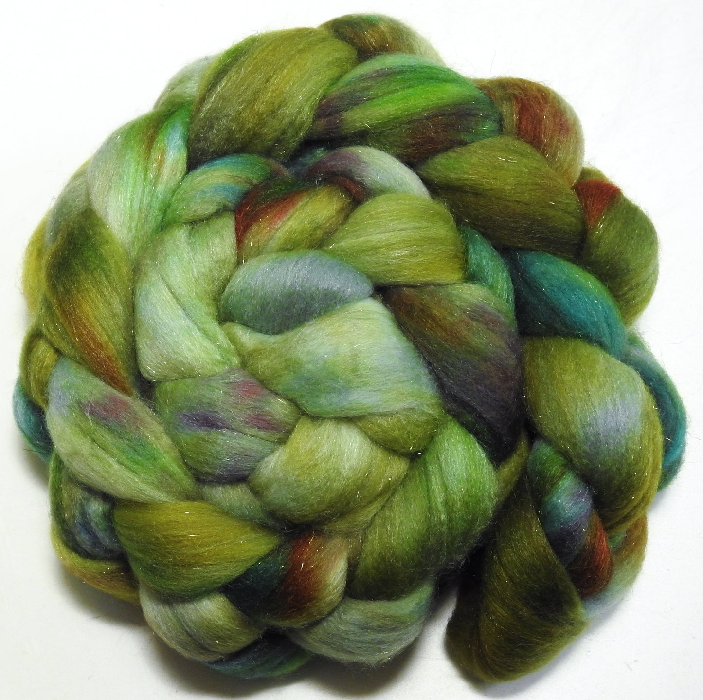 Stonecrop (5.3 oz) - Batt in a Braid #58- Superfine Merino/ Tussah silk/ Gold Stellina(65/25/10)