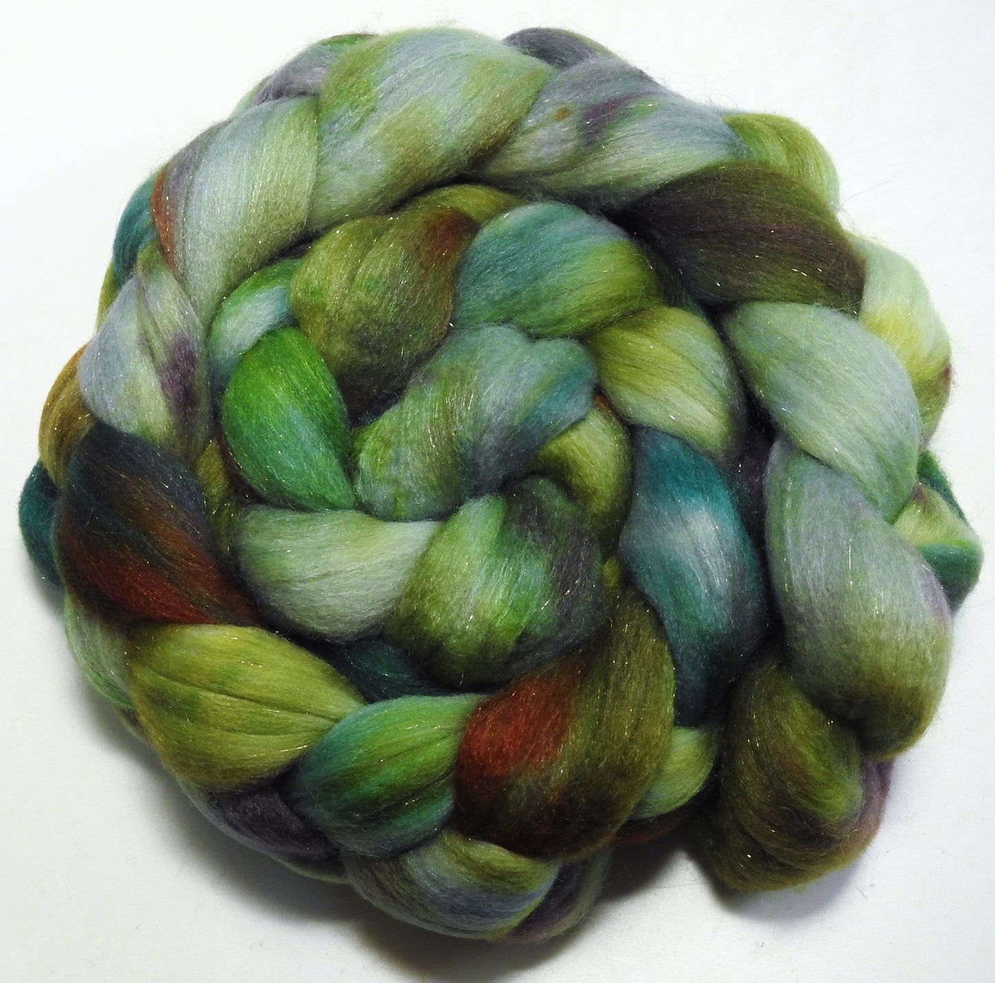 Stonecrop (5.3 oz) - Batt in a Braid #58- Superfine Merino/ Tussah silk/ Gold Stellina(65/25/10)