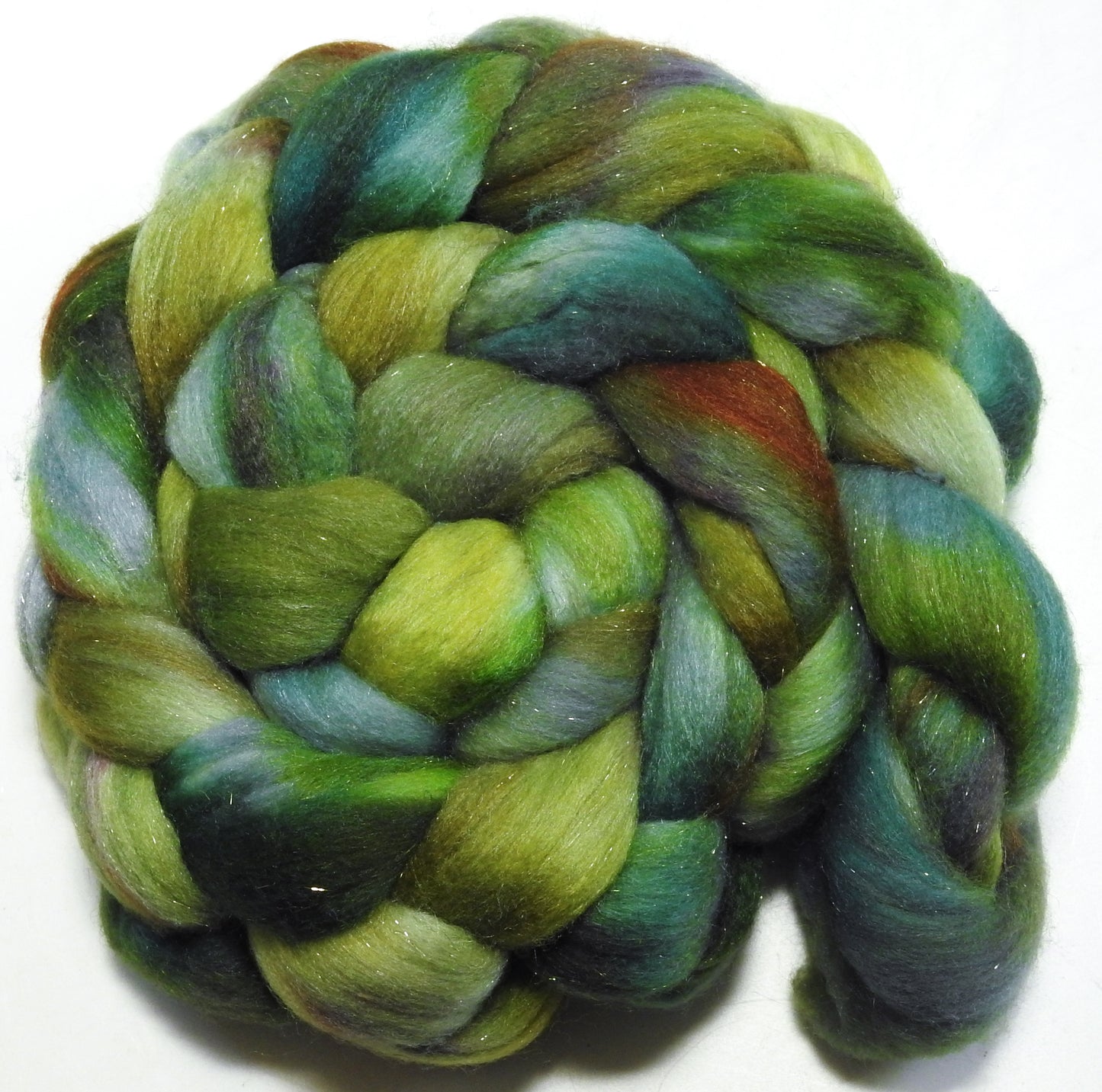 Stonecrop (5.3 oz) - Batt in a Braid #58- Superfine Merino/ Tussah silk/ Gold Stellina(65/25/10)