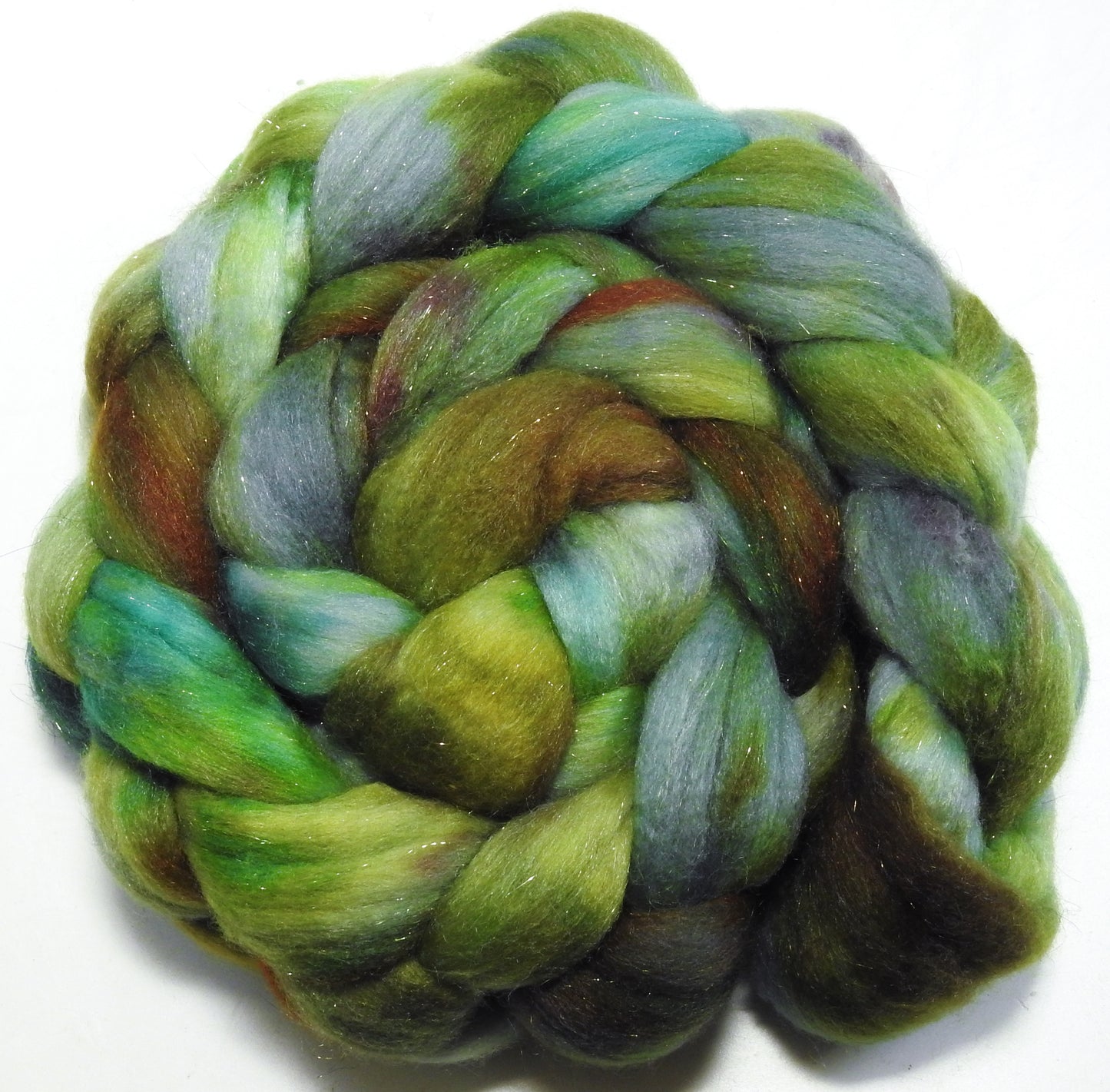 Stonecrop (5.3 oz) - Batt in a Braid #58- Superfine Merino/ Tussah silk/ Gold Stellina(65/25/10)